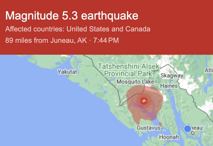 A map by the U.S. Geological Survey shows where a magnitude 5.3 earthquake occurred near Juneau at 7:44 p.m. Friday. (U.S. Geological Survey)