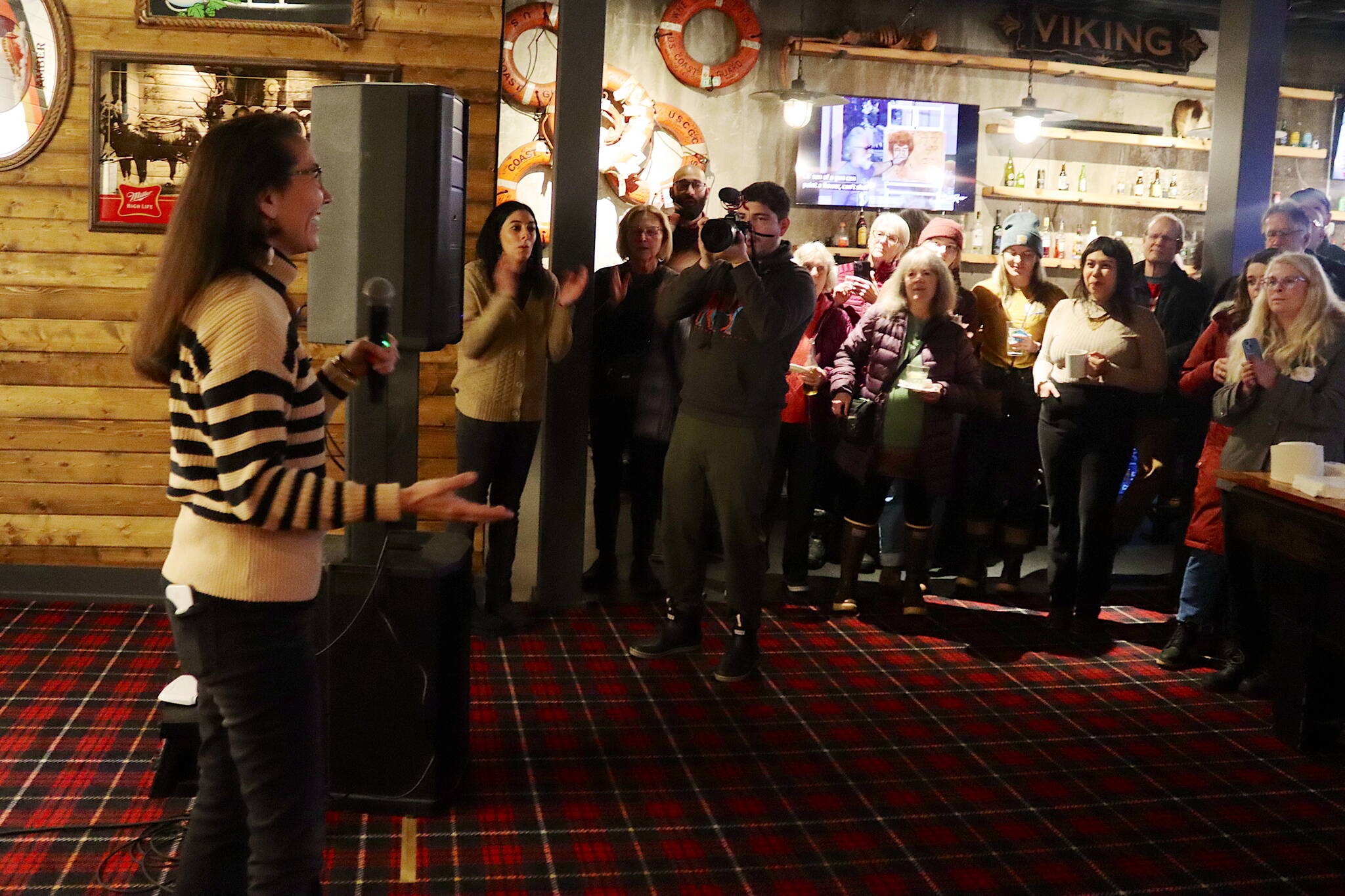 U.S. Rep. Mary Peltola addresses supporters during a campaign meet-and-greet Saturday night at the Crystal Saloon. (Mark Sabbatini / Juneau Empire)