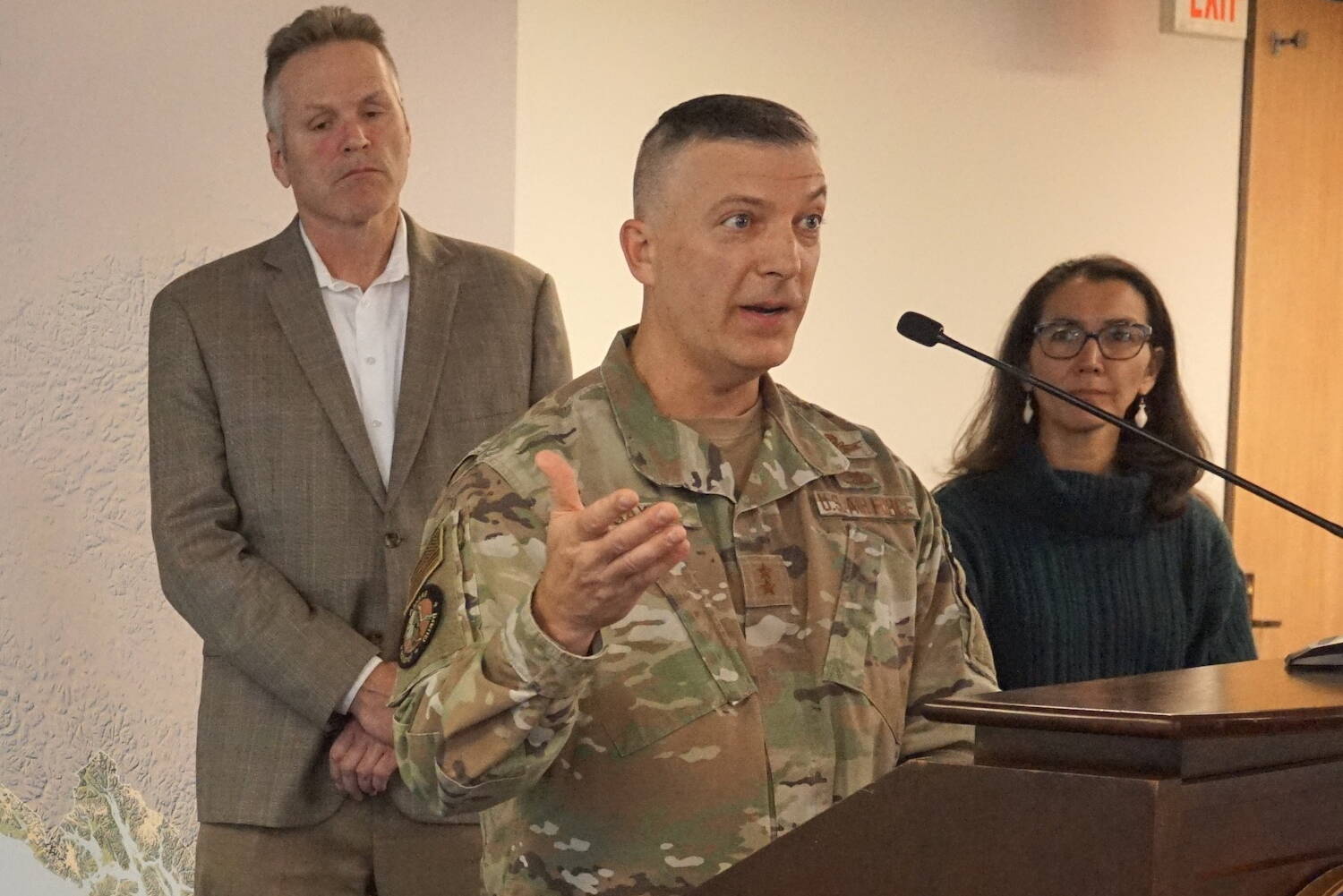 Adjutant General Torrence Saxe, head of the Alaska National Guard, speaks at a Sept. 23, 2022, news conference in Anchorage. Behind him are Gov. Mike Dunleavy and Rep. Mary Peltola. (Photo by Yereth Rosen/Alaska Beacon)