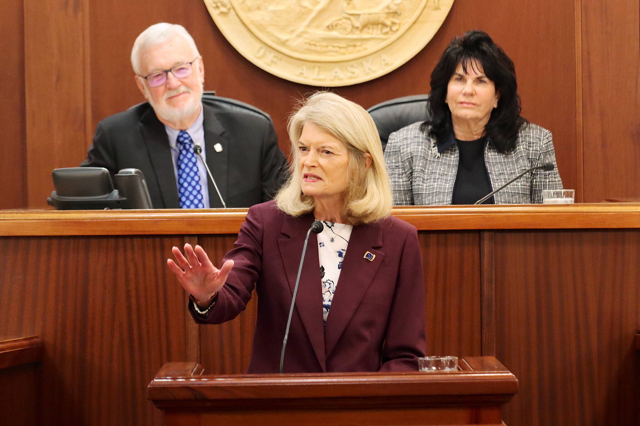 U.S. Sen. Lisa Murkowski, R-Alaska, delivers her annual address to the Alaska Legislature on Thursday as Senate President Gary Stevens and House Speaker Cathy Tilton watch. (Mark Sabbatini / Juneau Empire)