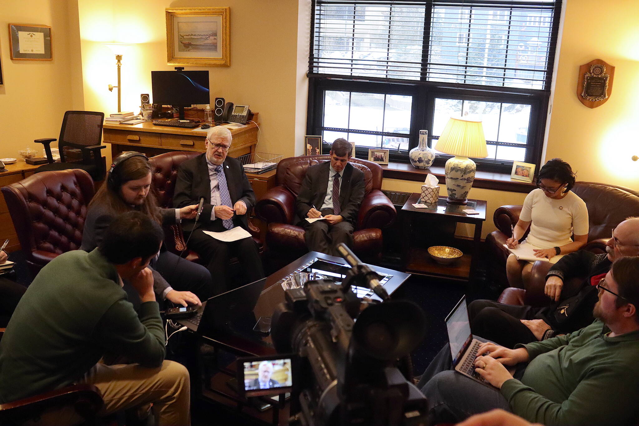 State senators meet with members of the media at the Alaska State Capitol to discuss education legislation after a press conference by Gov. Mike Dunleavy on the topic on Tuesday. (Mark Sabbatini/Juneau Empire)