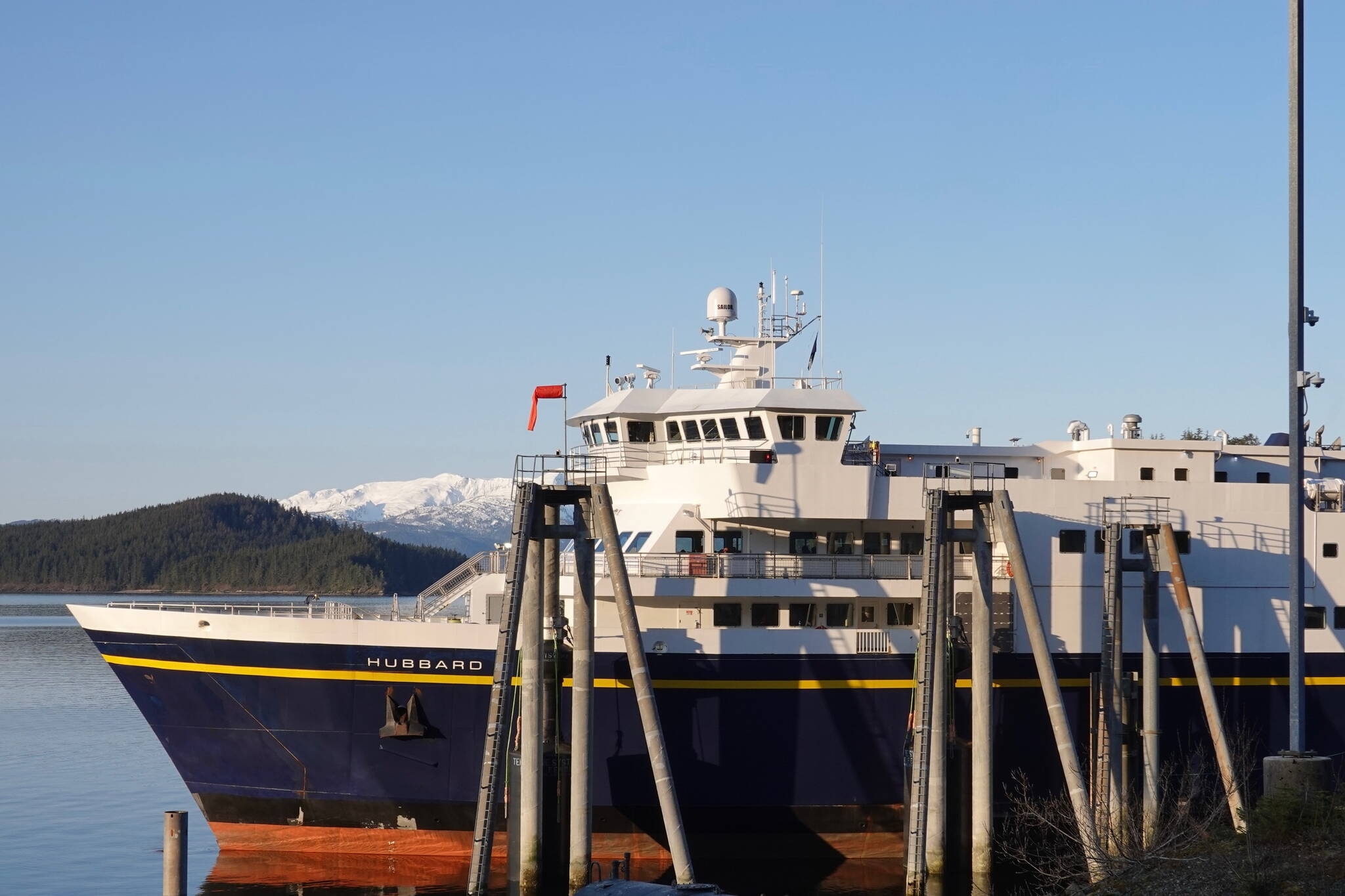 The Hubbard, the newest vessel in the Alaska Marine Highway System fleet, docks at the Auke Bay Ferry Terminal on April 16. It is generally scheduled to provide dayboat service between Juneau, Haines and Skagway. (Photo by Laurie Craig)
