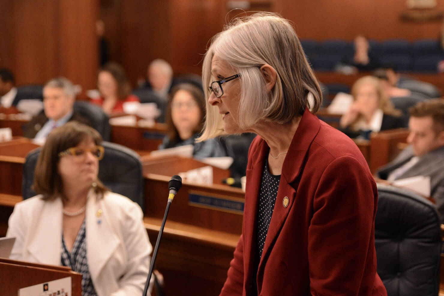 Rep. Andi Story, D-Juneau, speaks Wednesday, May 8, on the floor of the Alaska House of Representatives. (James Brooks/Alaska Beacon)