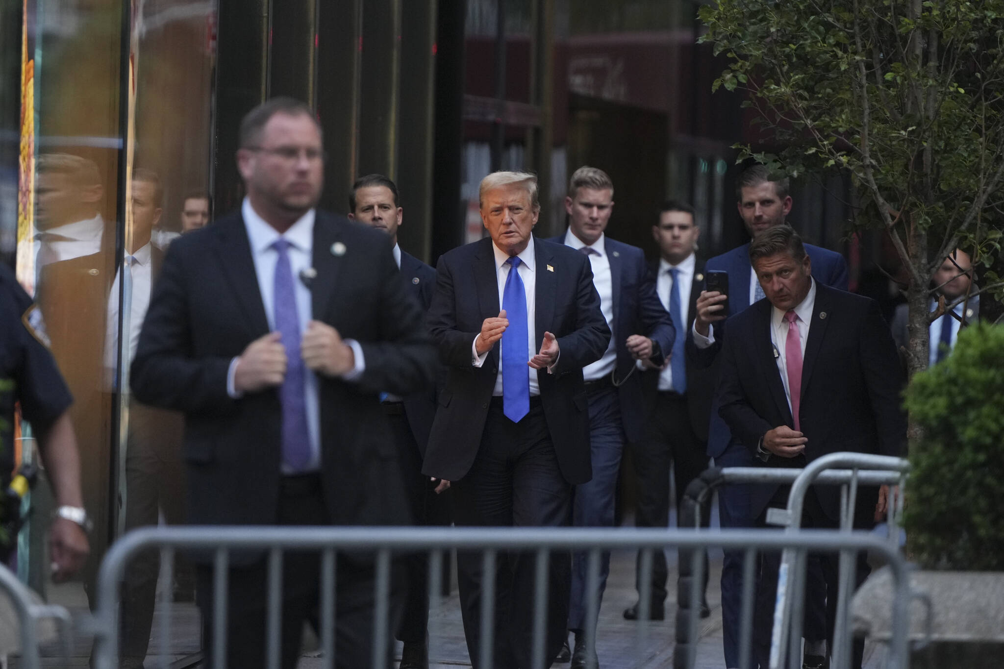 Former President Donald Trump arrives at Trump Tower after he was found guilty of all counts in his criminal trial in New York, on Thursday. Trump has been convicted of falsifying records to cover up a sex scandal that threatened his ascent to the White House in 2016, part of a scheme that prosecutors described as a fraud on the American people. He is the first American president to be declared a felon. (Hiroko Masuike/The New York Times)