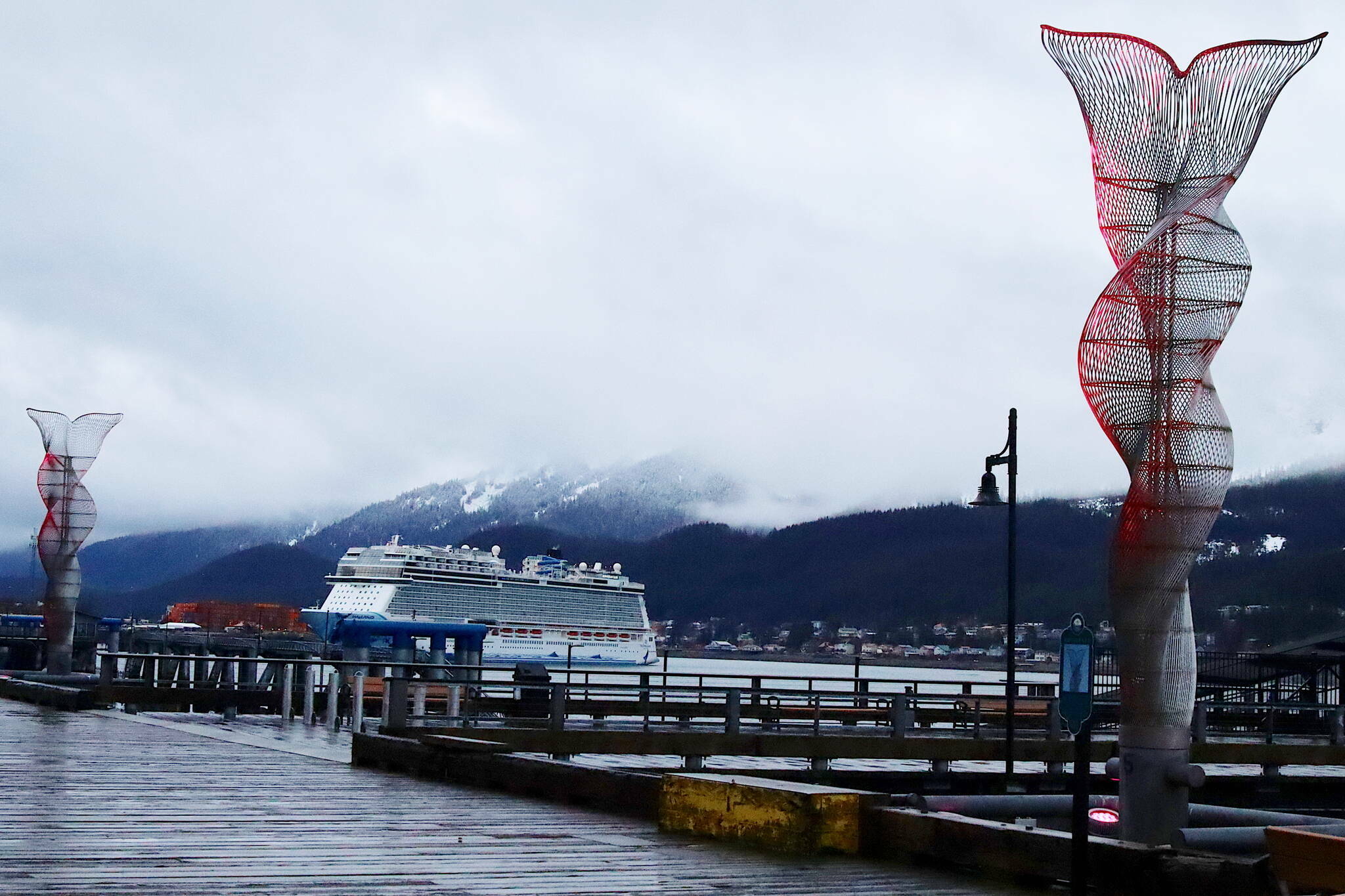 The 1,094-foot-long Norwegian Bliss docks in Juneau on April 9 to begin this year’s cruise ship season. (Mark Sabbatini / Juneau Empire file photo)