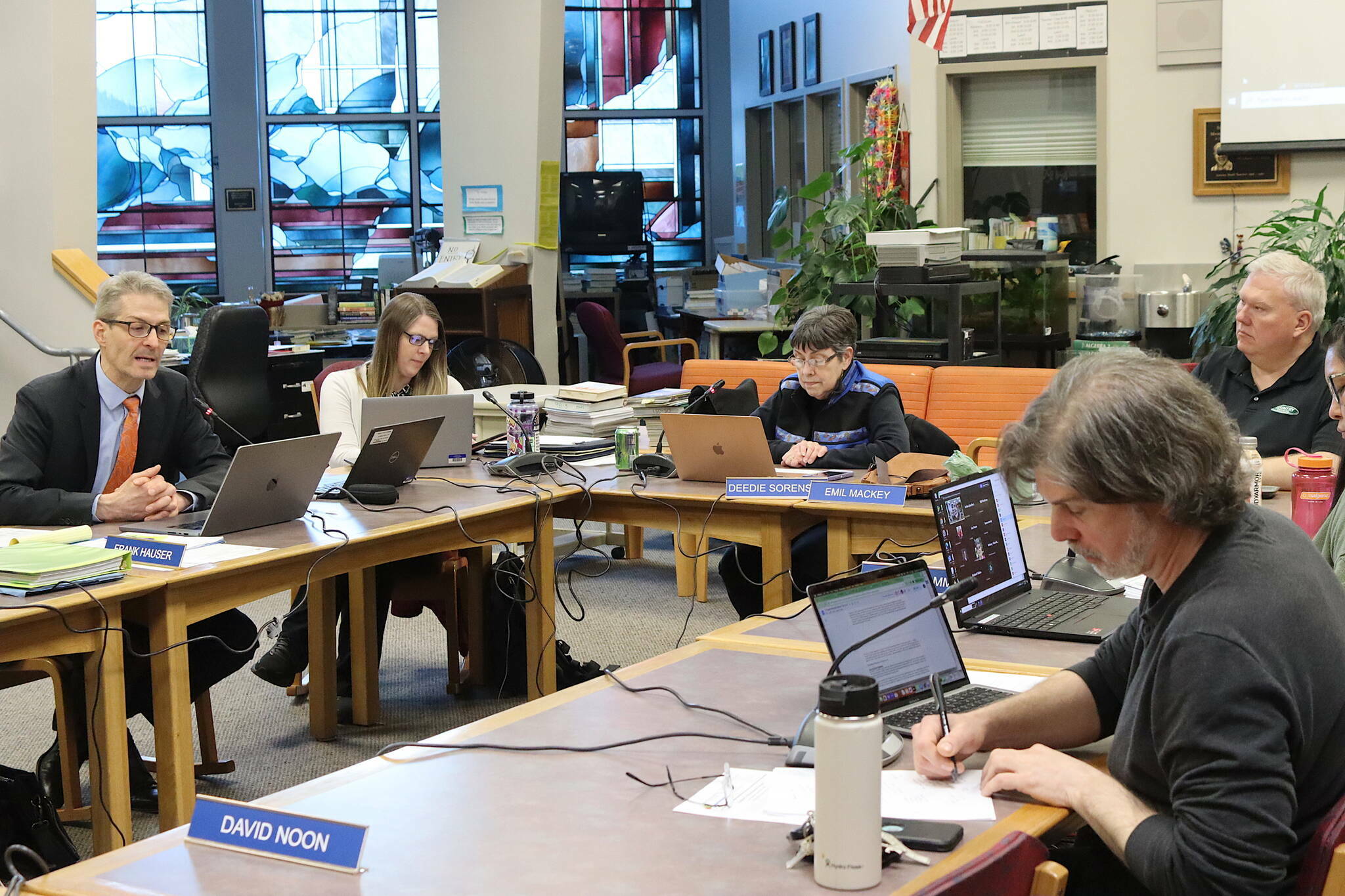 Juneau School District administrators and board members review the updated budget for the current fiscal year during a Board of Education meeting April 16 at Juneau-Douglas High School: Yadaa.at Kalé. (Mark Sabbatini / Juneau Empire file photo)