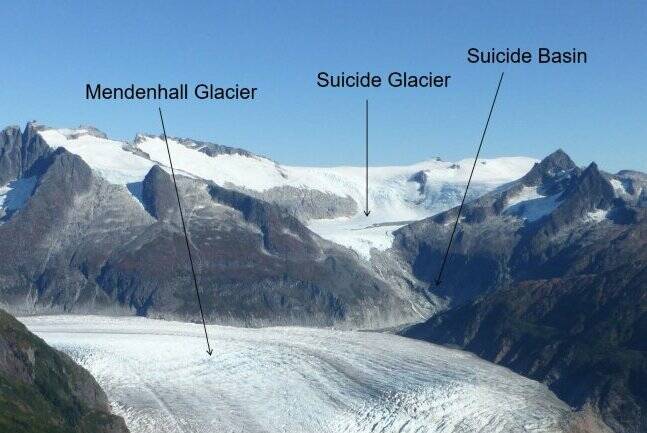 A 2018 view of Suicide Basin and the Mendenhall Glacier. (Photo from National Weather Service Juneau)