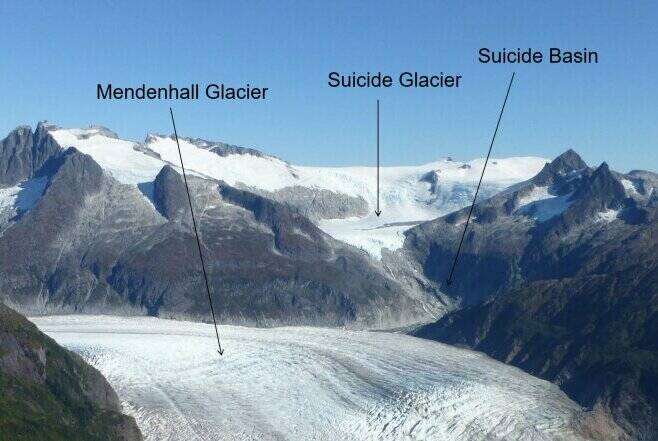 A 2018 view of Suicide Basin and the Mendenhall Glacier. (Photo from National Weather Service Juneau)