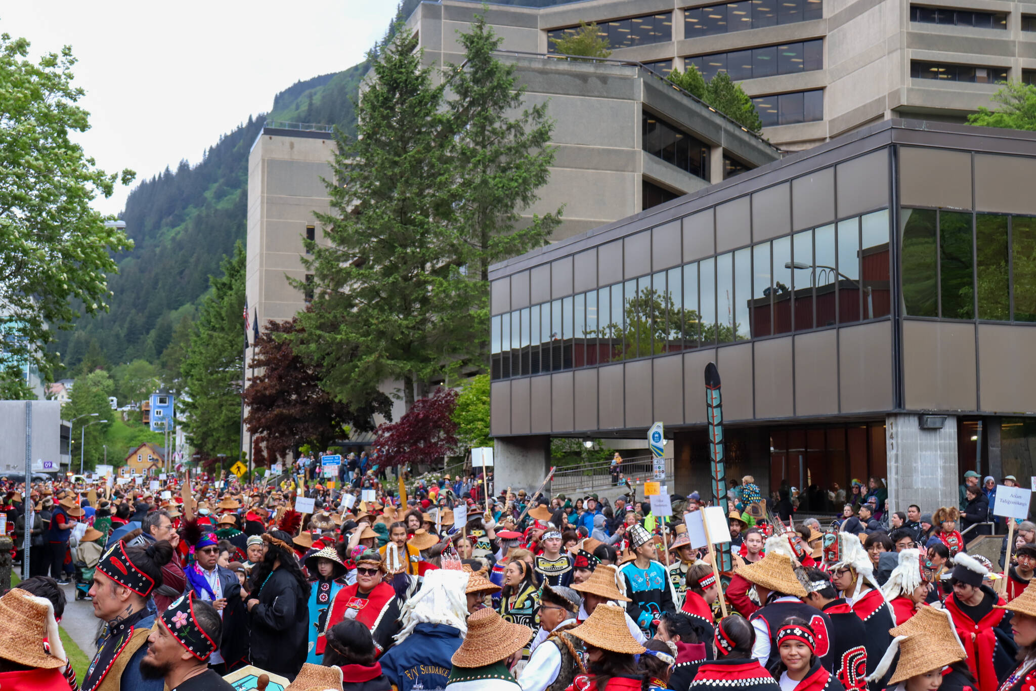 Nearly 1,600 dancers from 36 Indigenous groups wait to dance for the Grand Entrance of Celebration. (Jasz Garrett / Juneau Empire)