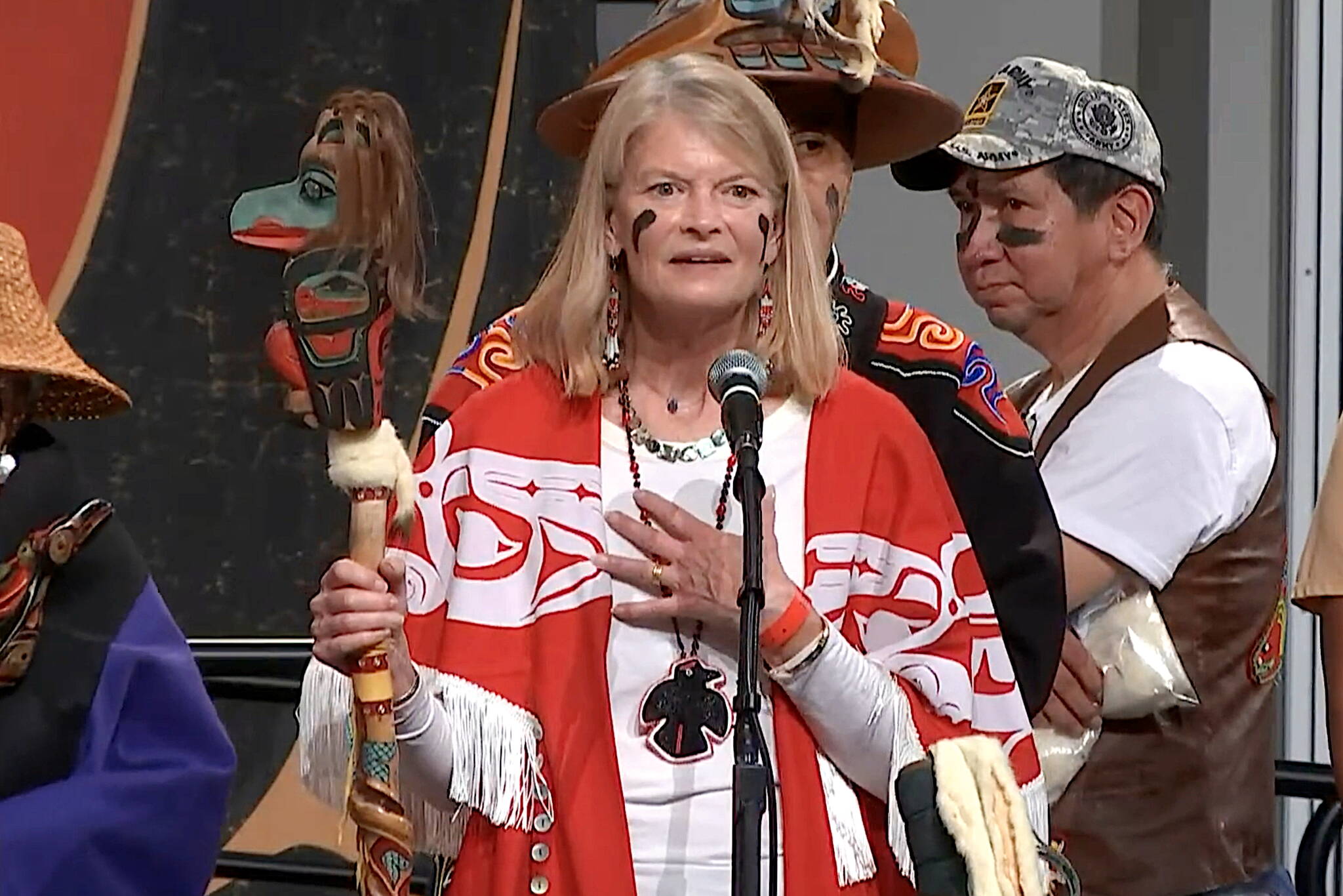U.S. Sen. Lisa Murkowski announces during Celebration on Friday at Centennial Hall the U.S. Navy will be apologizing to “the people of Angoon” for the 1882 bombardment that destroyed the Tlingit village. (Screenshot from video by Sealaska Heritage Institute)
