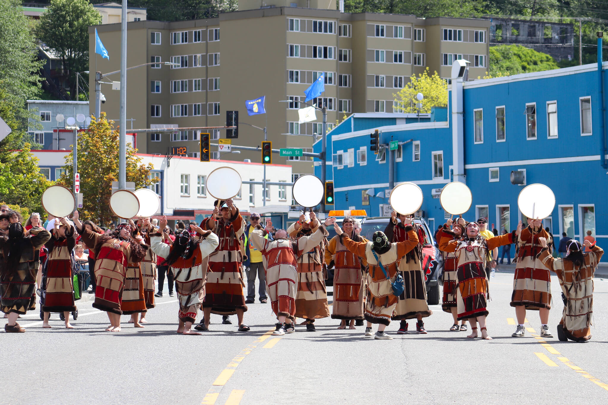 Atx̂am Taliĝisniikangís, also known as the Atka Dancers, ended the Celebration parade on Saturday morning. (Jasz Garrett / Juneau Empire)