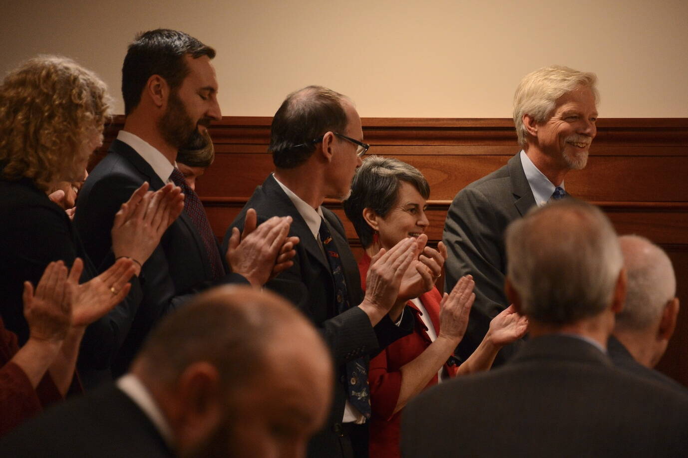 Alaska Supreme Court Justice Peter Maassen receives applause from his fellow justices and members of the Alaska Legislature during the annual State of the Judiciary address on Wednesday, Feb. 1, 2023, at the Alaska State Capitol. (James Brooks/Alaska Beacon)