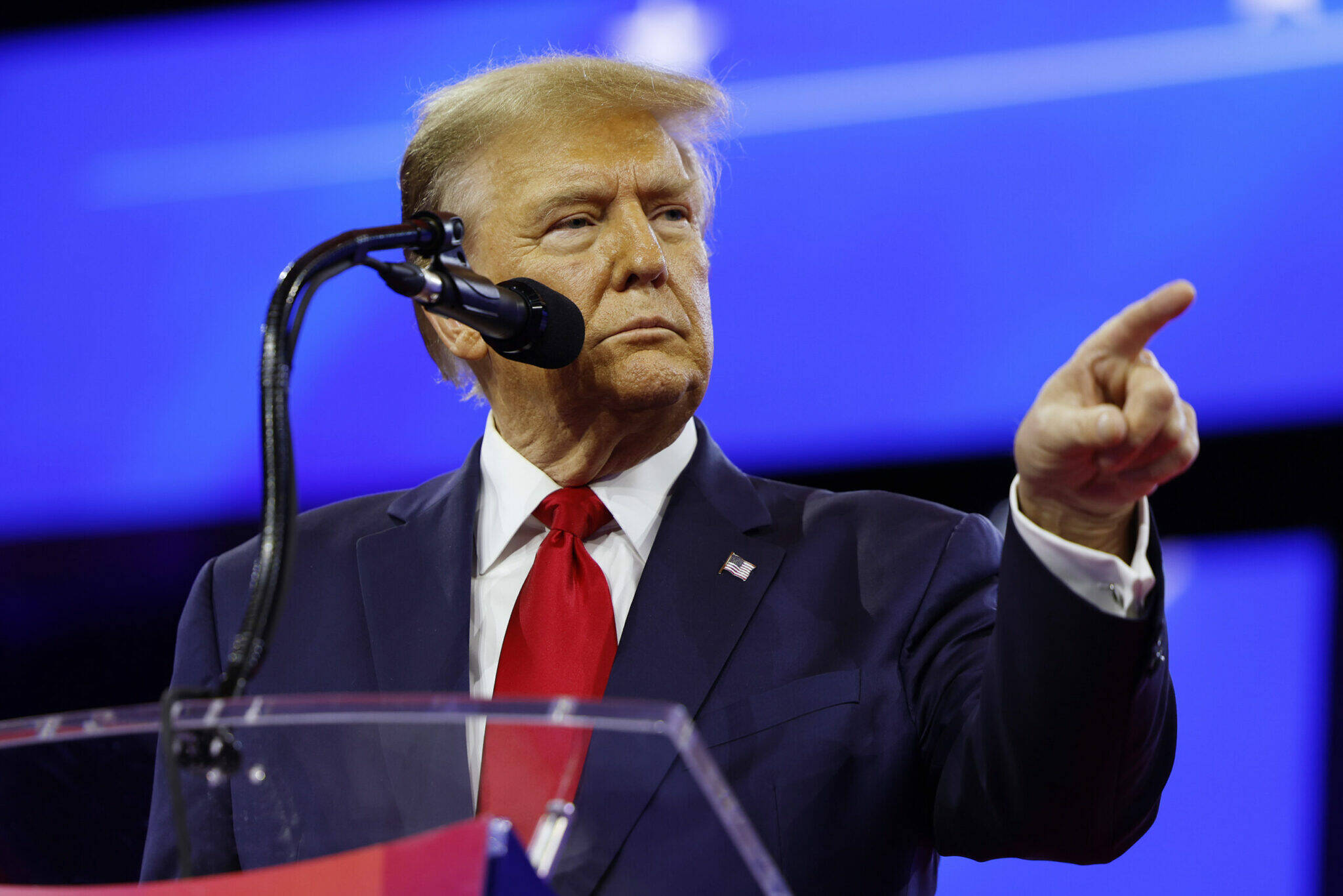 Republican presidential candidate and former U.S. President Donald Trump speaks at the Conservative Political Action Conference (CPAC) at the Gaylord National Resort Hotel And Convention Center on Feb. 24 in National Harbor, Maryland. Attendees descended upon the hotel outside of Washington, D.C., to participate in the four-day annual conference and hear from conservative speakers from around the world who range from journalists, U.S. lawmakers, international leaders and businessmen. (Anna Moneymaker/Getty Images)