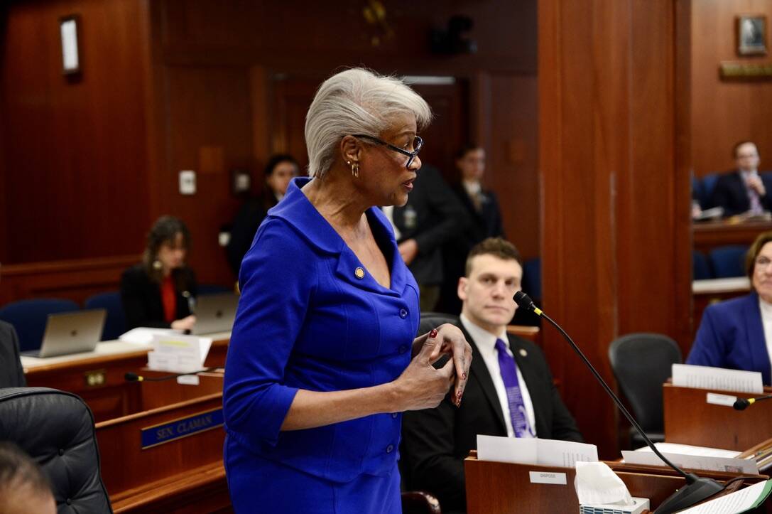 Sen. Elvi Gray-Jackson, D-Anchorage, speaks on the Senate floor on March 6. Gray-Jackson was the sponsor of a bill to make Juneteenth a state holiday. (James Brooks/Alaska Beacon)