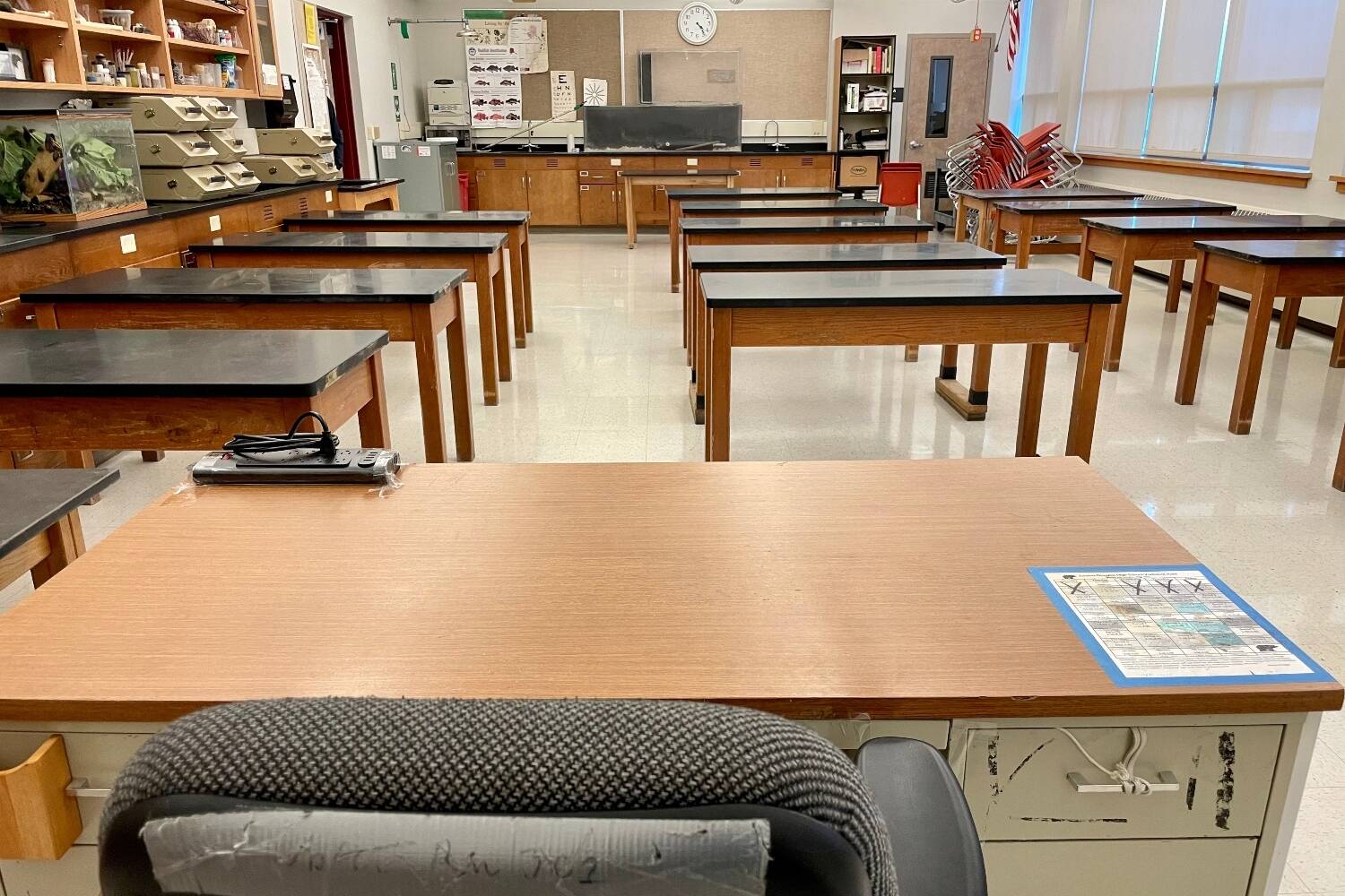 An empty classroom at Juneau-Douglas High School: Yadaa.at Kalé on July 20, 2022. (Lisa Phu/Alaska Beacon)