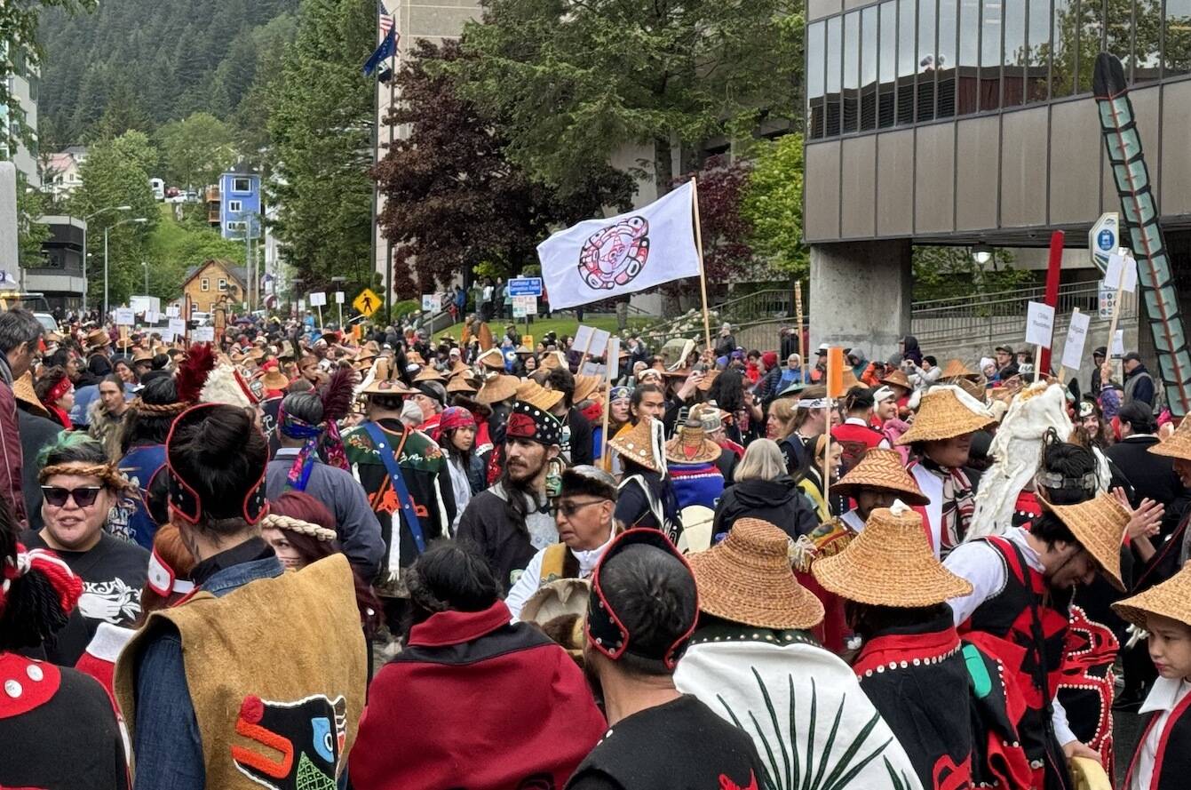 Tlingit, Haida and Tsimshian people gather in Juneau for the opening of Celebration on June 5. (James Brooks/Alaska Beacon)