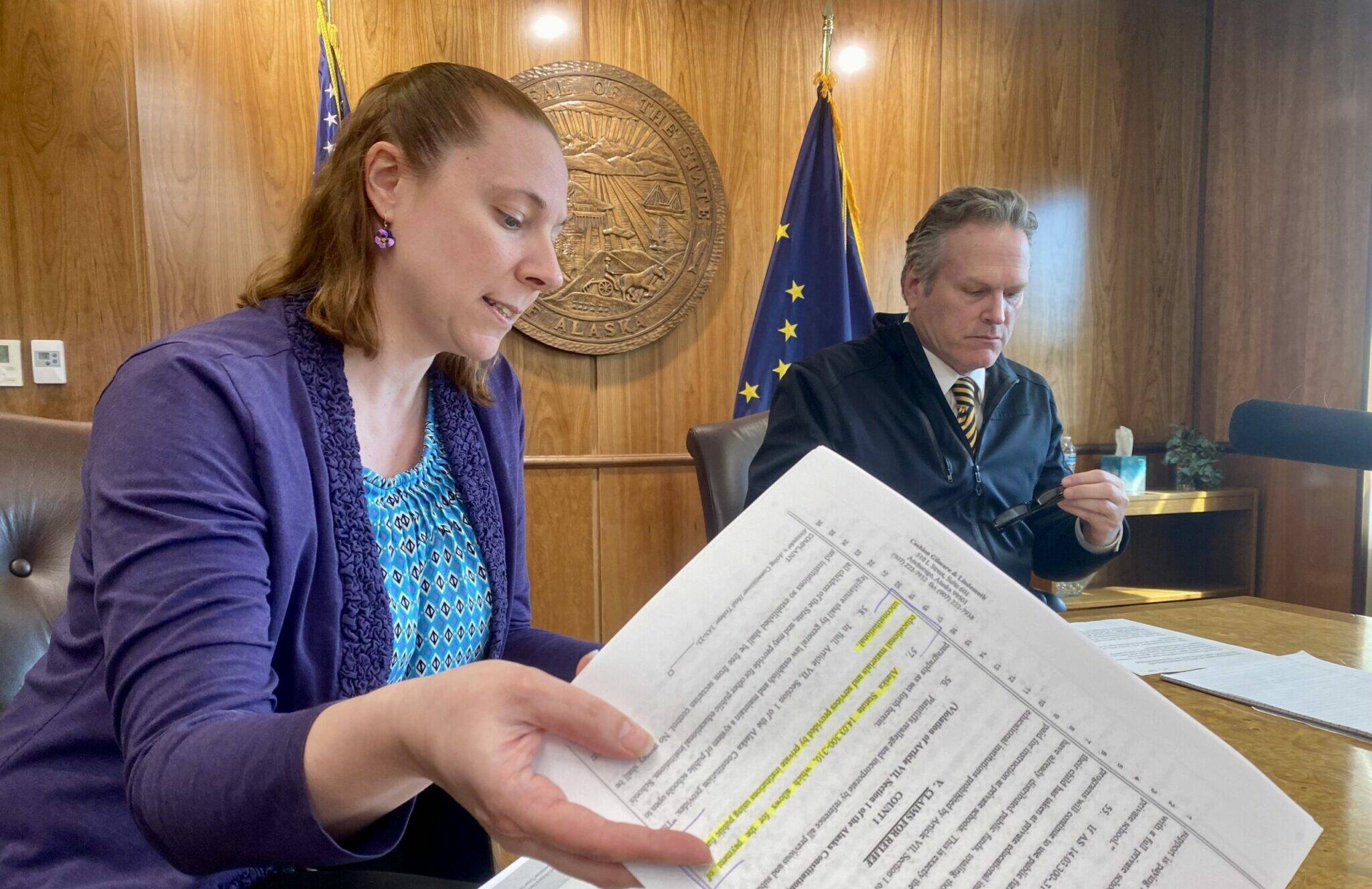 Deputy Attorney General Cori Mills explains the administration’s understanding of a ruling that struck down key components of the state’s correspondence school program, in the Alaska State Capitol on May 1. (Claire Stremple/Alaska Beacon)
