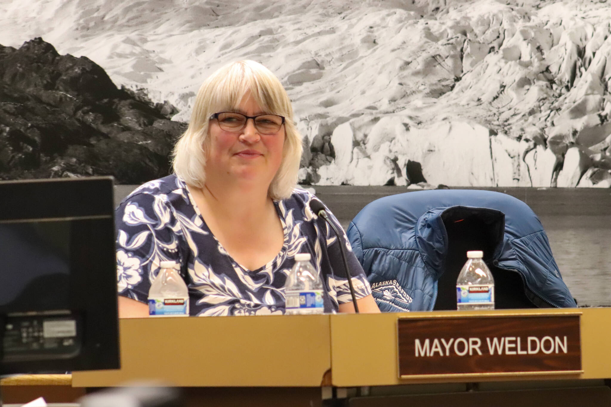 Juneau Mayor Beth Weldon listens to public testimony during a Juneau Assembly meeting on Monday. (Jasz Garrett / Juneau Empire)
