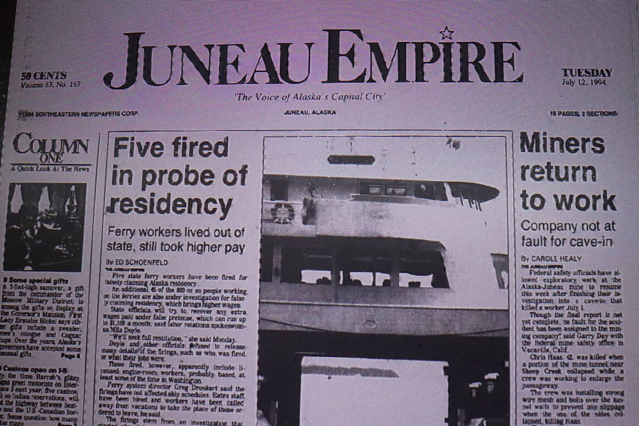 The front page of the Juneau Empire on July 12, 1994. (Mark Sabbatini / Juneau Empire)