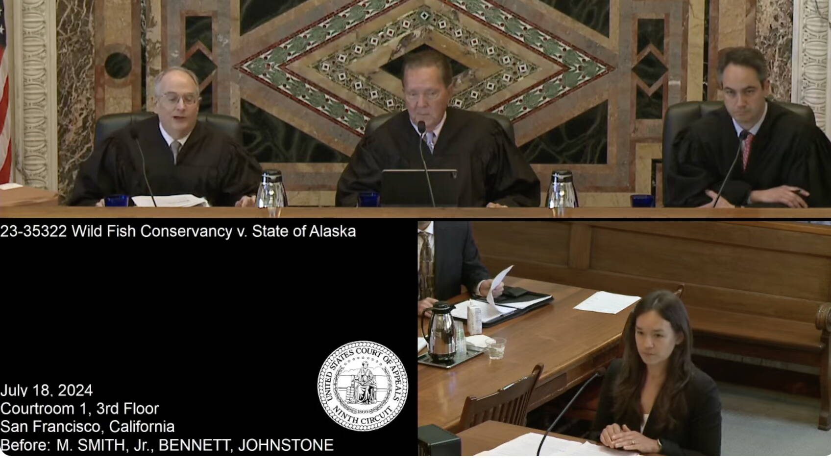 In this screenshot from a streamed court hearing, Attorney Thekla Hansen-Young (bottom right) speaks in front of a three-judge panel of the 9th U.S. Circuit Court of Appeals on July 18, 2024, in San Francisco. (Screenshot)