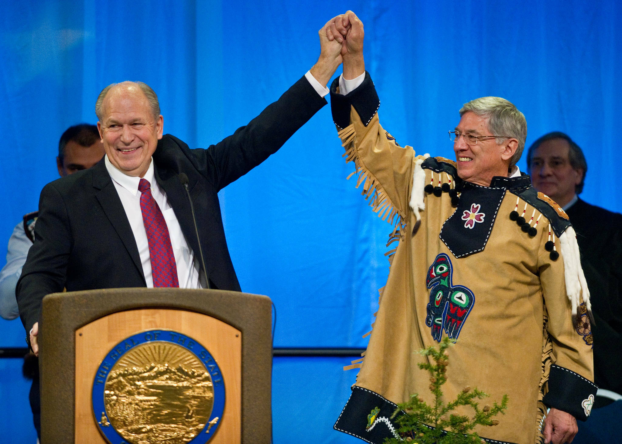 Gov. Bill Walker, left, and Lt. Gov. Byron Mallott are seen at their 2014 inauguration in Centennial Hall. (Michael Penn / Juneau Empire file photo)