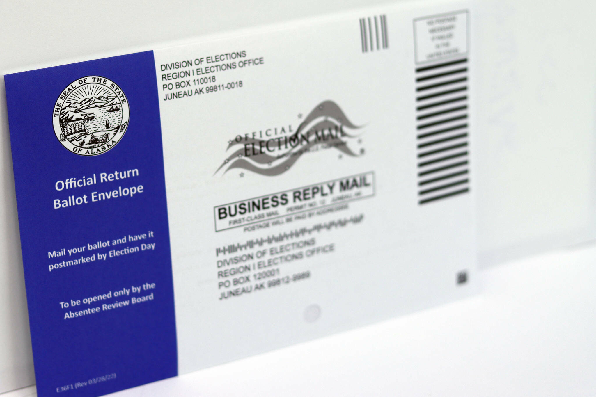 A return envelope for the 2022 special primary election in Alaska. (Ben Hohenstatt / Juneau Empire file photo)