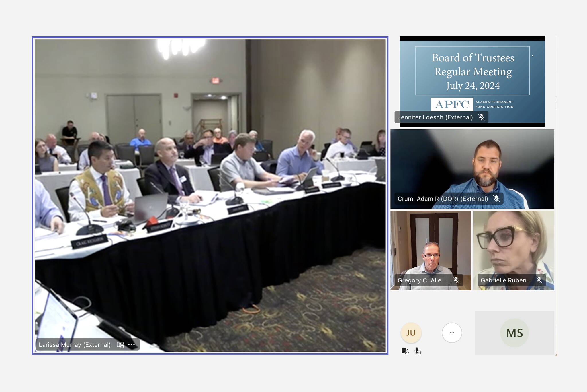 The Alaska Permanent Fund Corp. Board of Trustees votes for a new chair and vice chair during a meeting in Fairbanks on Wednesday. (Screenshot from APFC livestream)