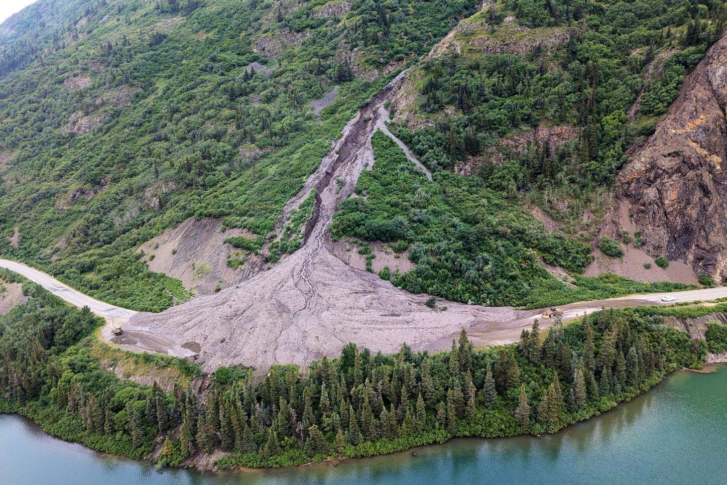 A landslide on the South Klondike Highway is seen on Wednesday. The highway is expected to remain closed until at least Friday. (Yukon Highways and Public Works photo)