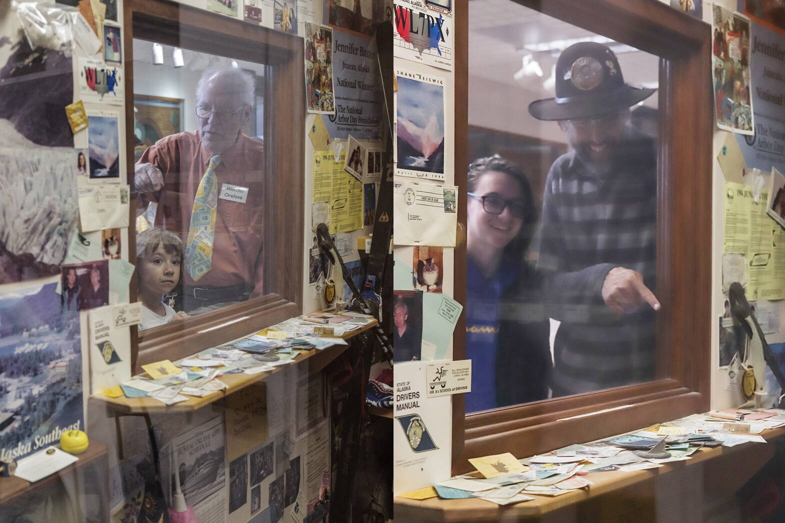 Left: Michael Orelove points out to his grandniece, Violet, items inside the 1994 Juneau Time Capsule at the Hurff Ackerman Saunders Federal Building on Friday, Aug. 9, 2019. Right: Five years later, Jonathon Turlove, Michael’s son, does the same with Violet. (Credits: Michael Penn/Juneau Empire file photo; Jasz Garrett/Juneau Empire)