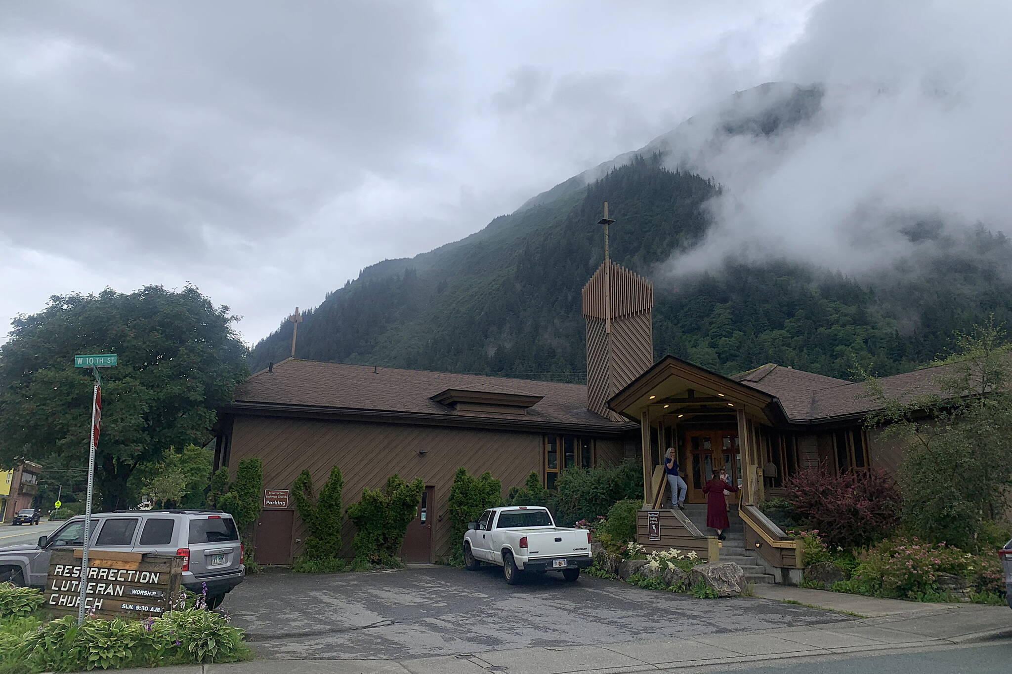 People gather outside Resurrection Lutheran Church following the service on Sunday. (Mark Sabbatini / Juneau Empire)