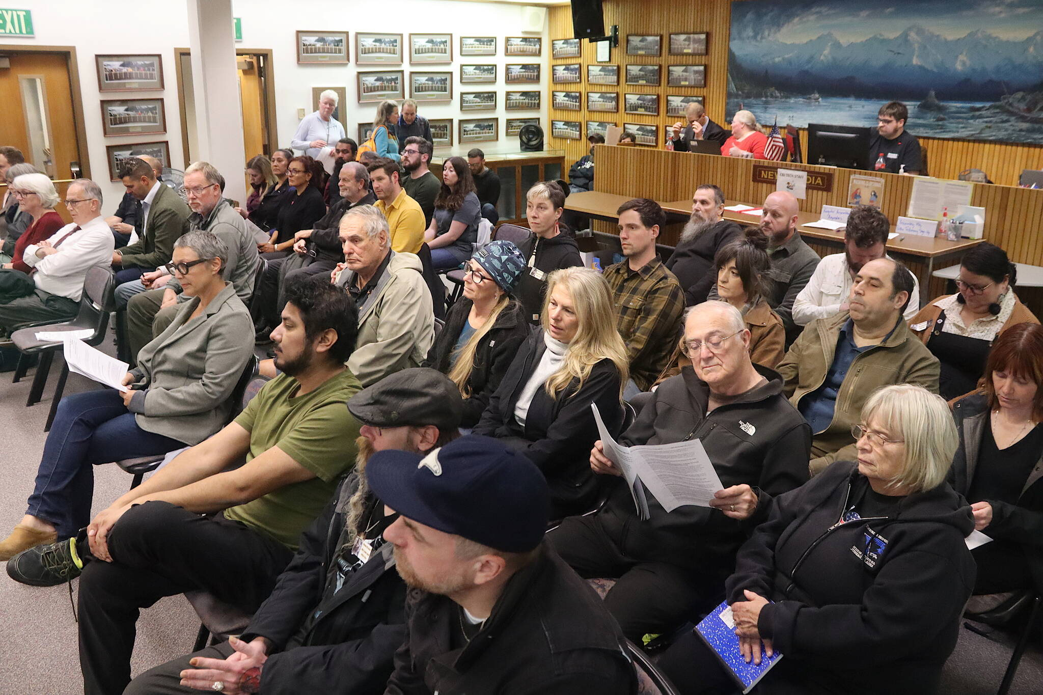 People fill the Assembly Chambers at City Hall during a Juneau Assembly meeting on Monday night. A majority of people who testified during the meeting expressed thoughts about the shooting death of Steven Kissack during a confrontation with police two weeks ago. (Mark Sabbatini / Juneau Empire)