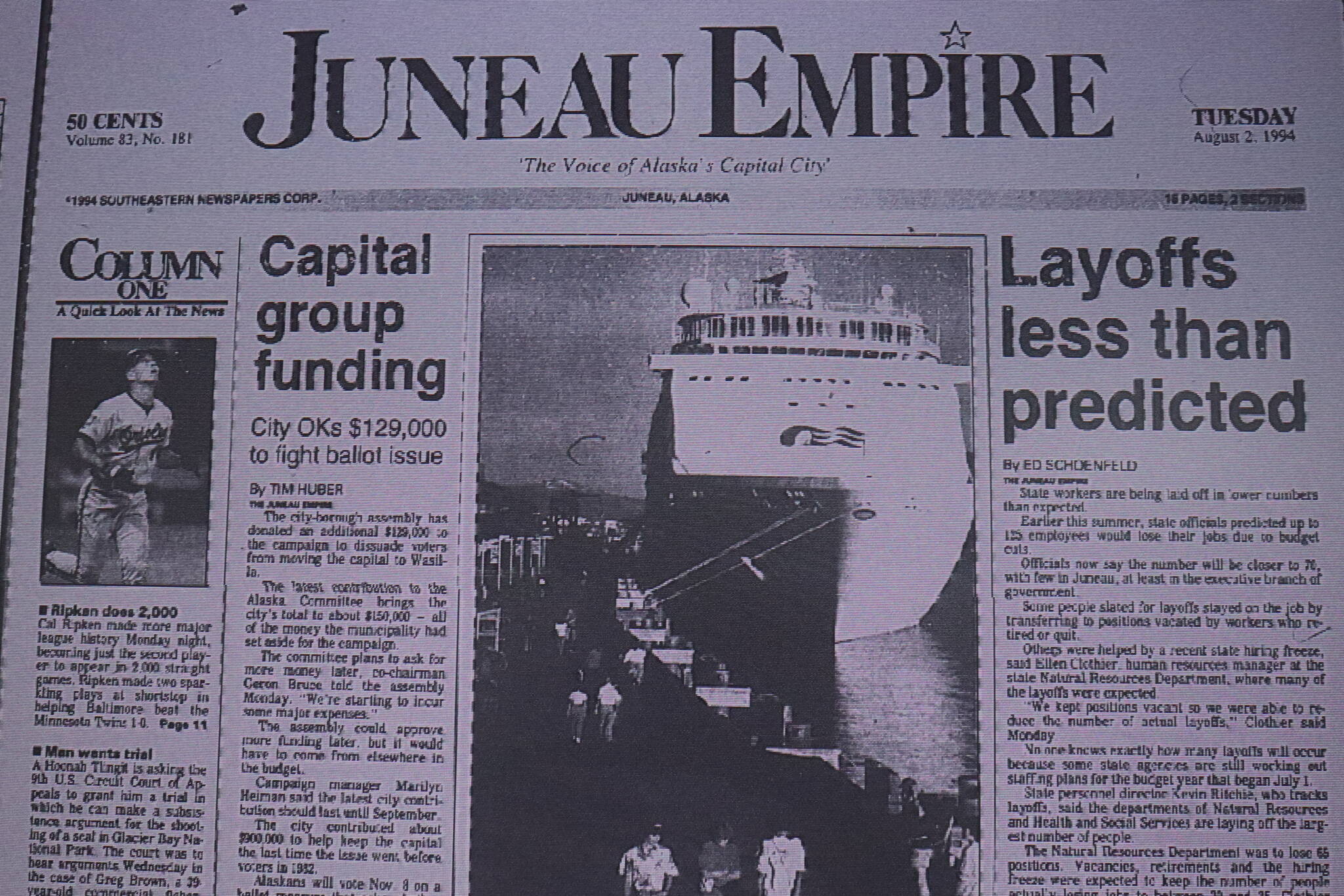 The front page of the Juneau Empire on July 26, 1994. (Mark Sabbatini / Juneau Empire)