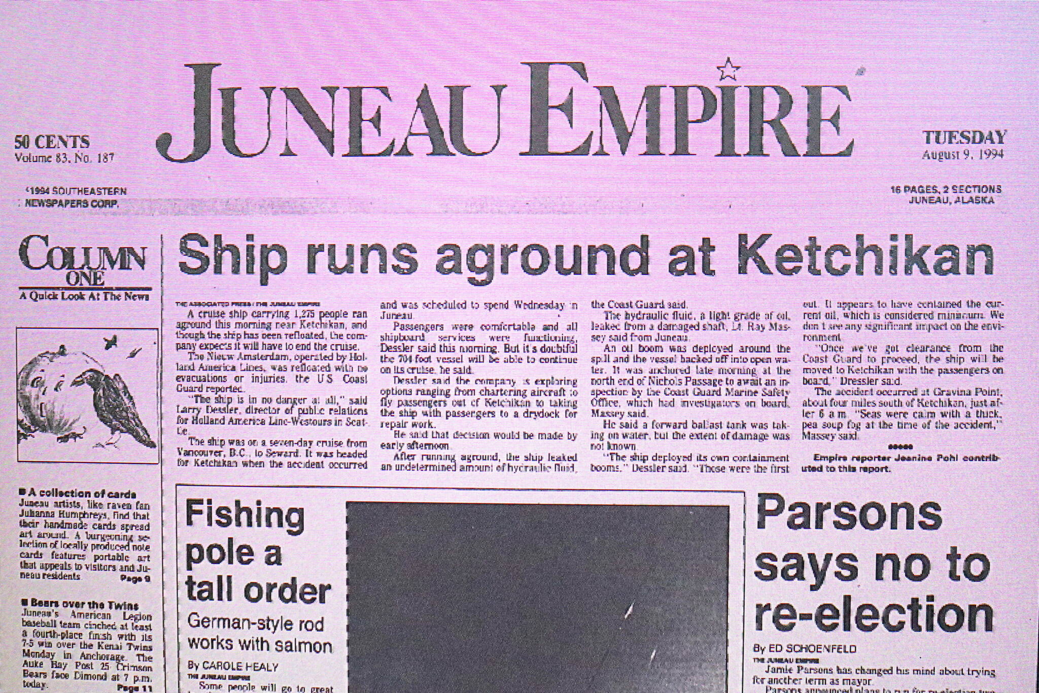 The front page of the Juneau Empire on Aug. 9, 1994. (Mark Sabbatini / Juneau Empire)