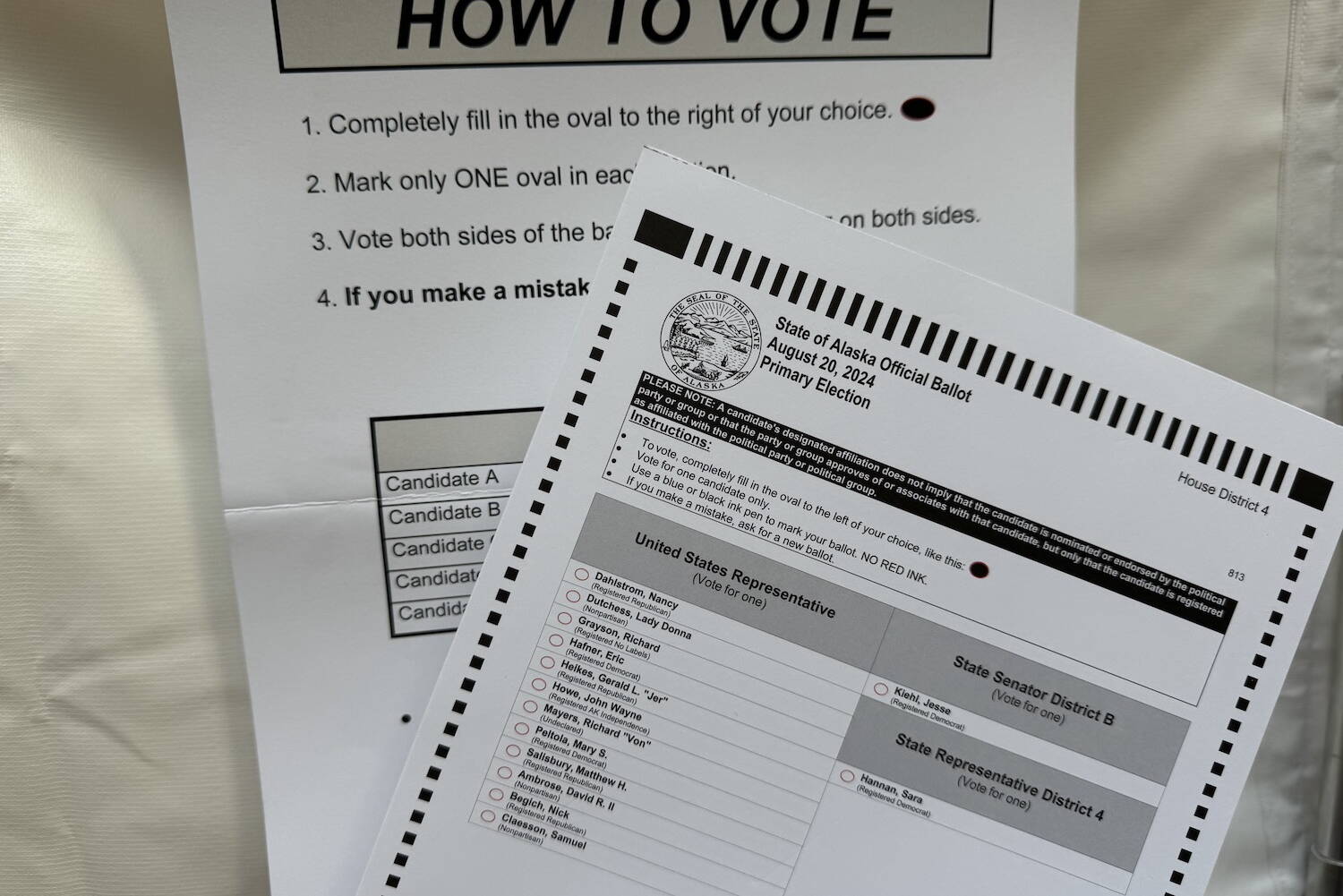 A ballot and instructions for the 2024 Alaska primary election are seen on Monday, Aug. 5, 2024. (James Brooks/Alaska Beacon)