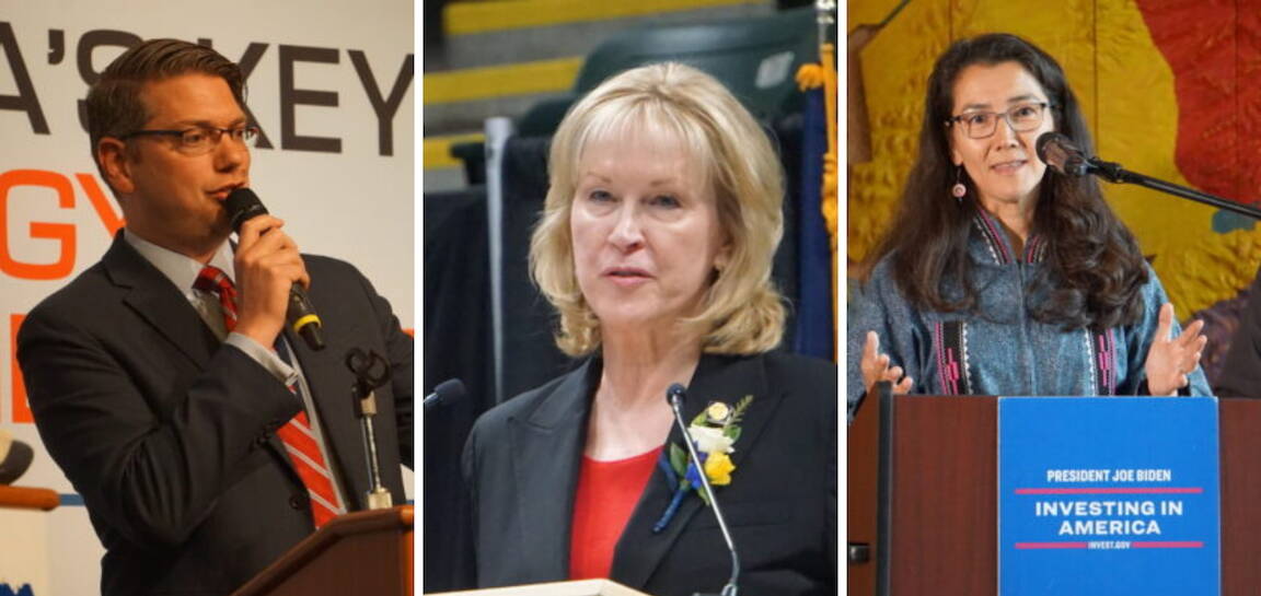 Republican businessperson Nick Begich III, Republican Lt. Gov. Nancy Dahlstrom and Democratic U.S. Rep. Mary Peltola are among 12 candidates competing in the primary for the seat currently held by Peltola. (Yereth Rosen/Alaska Beacon)