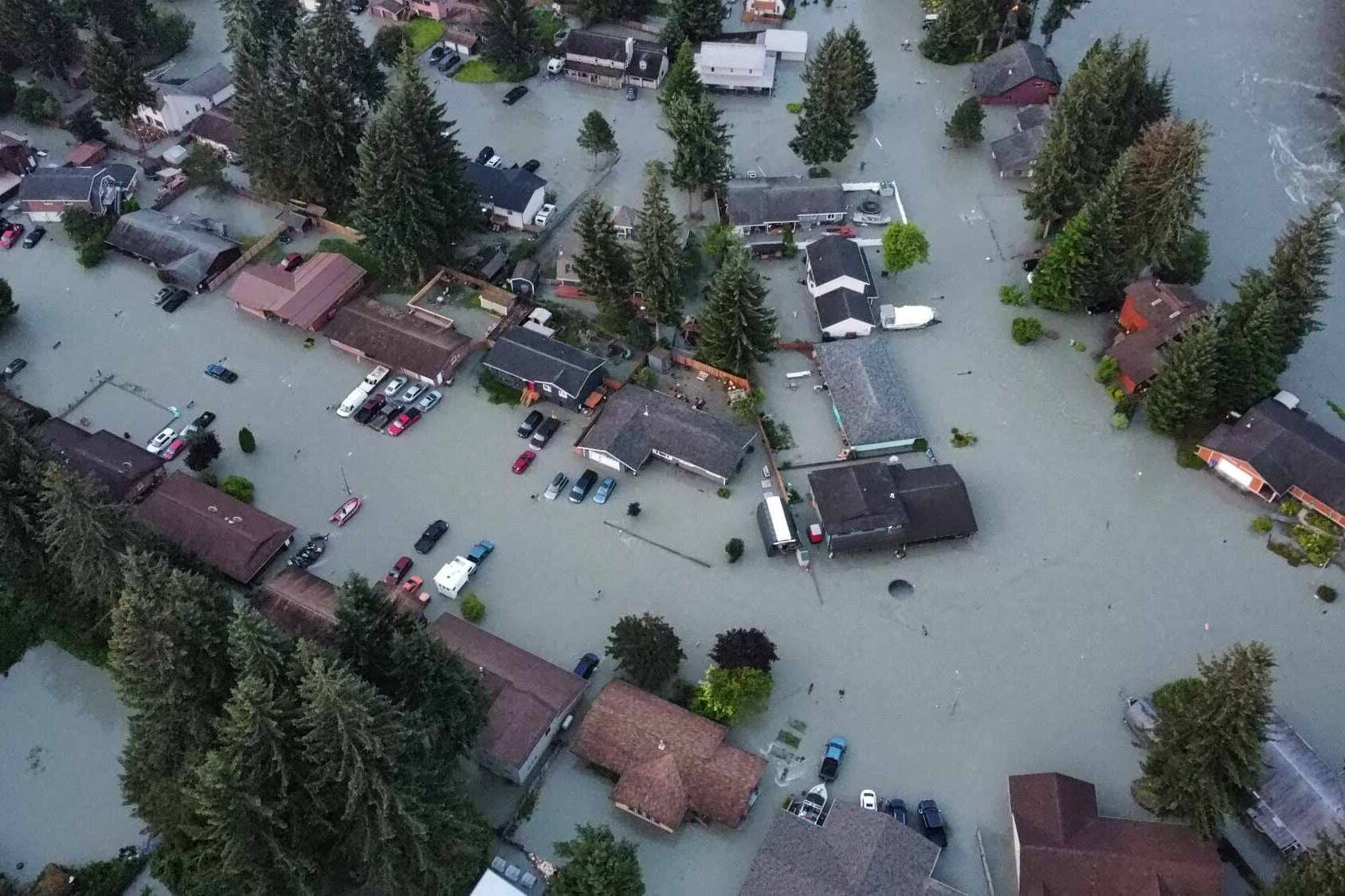 A drone image shows widespread flooding in the Mendenhall Valley on Aug. 6, 2024. (Photo by Rich Ross)