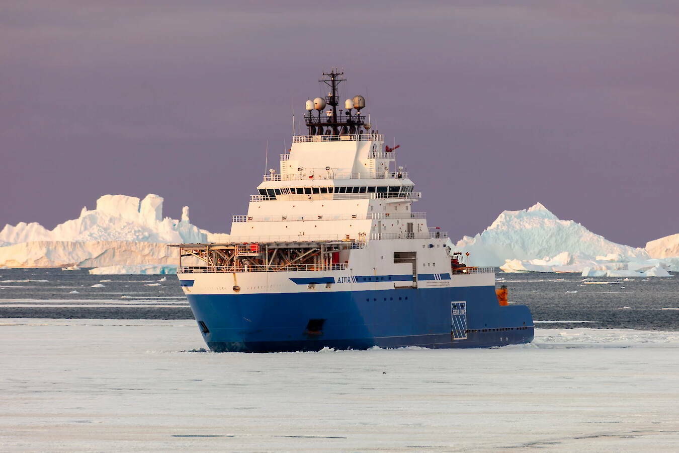 The Aiviq icebreaker, targeted by the U.S. Coast Guard for purchase and deployment in Alaska, completes a chartered refueling operation at Davis Research Station in Antarctica. (Kirk Yatras/Australian Antarctic Program)