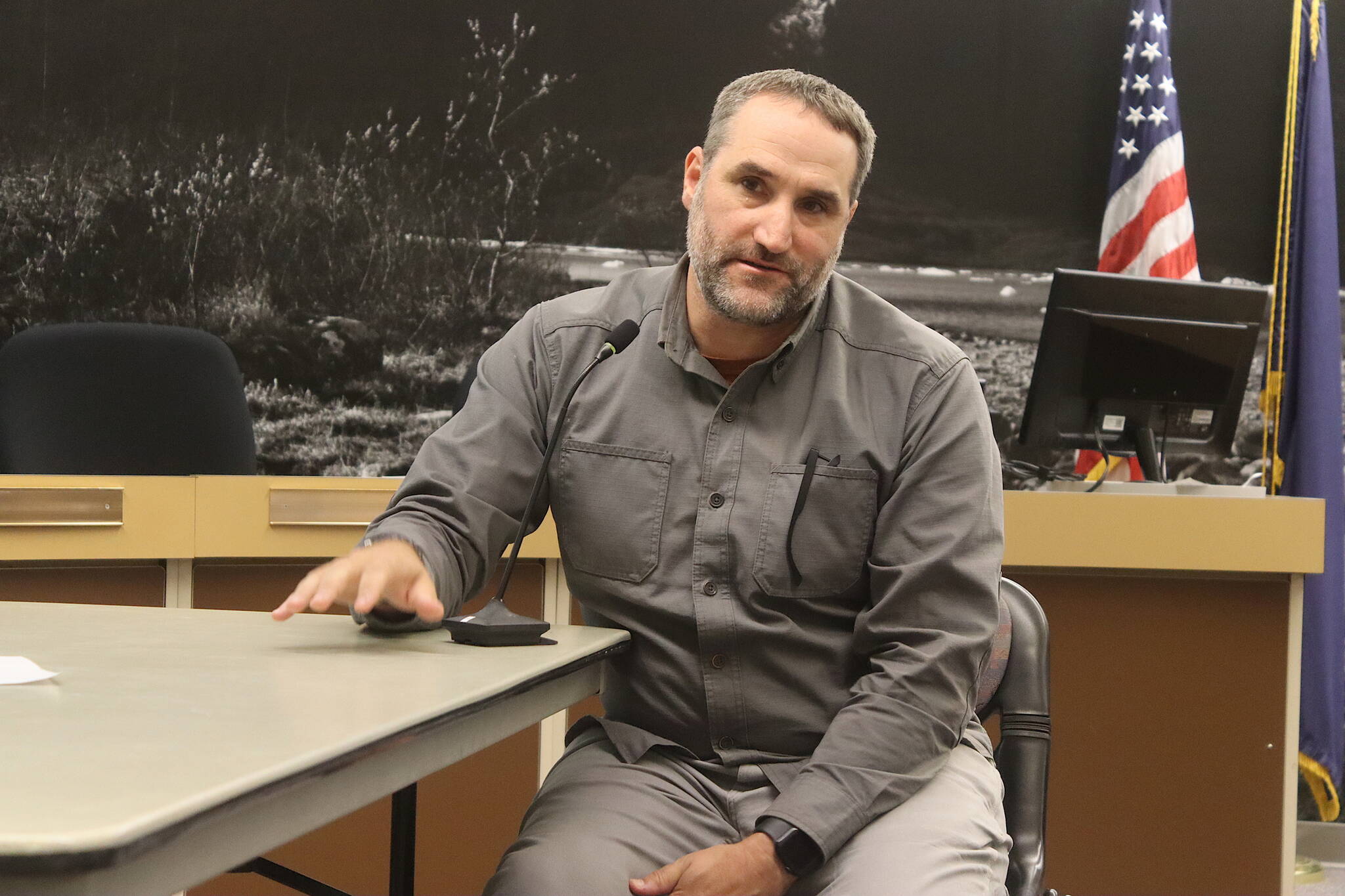 Craig Cimmons, scheduled to become the new general manager of Eaglecrest Ski Area on Sept. 30, is interviewed by the Juneau Assembly on Aug 2. (Mark Sabbatini / Juneau Empire)