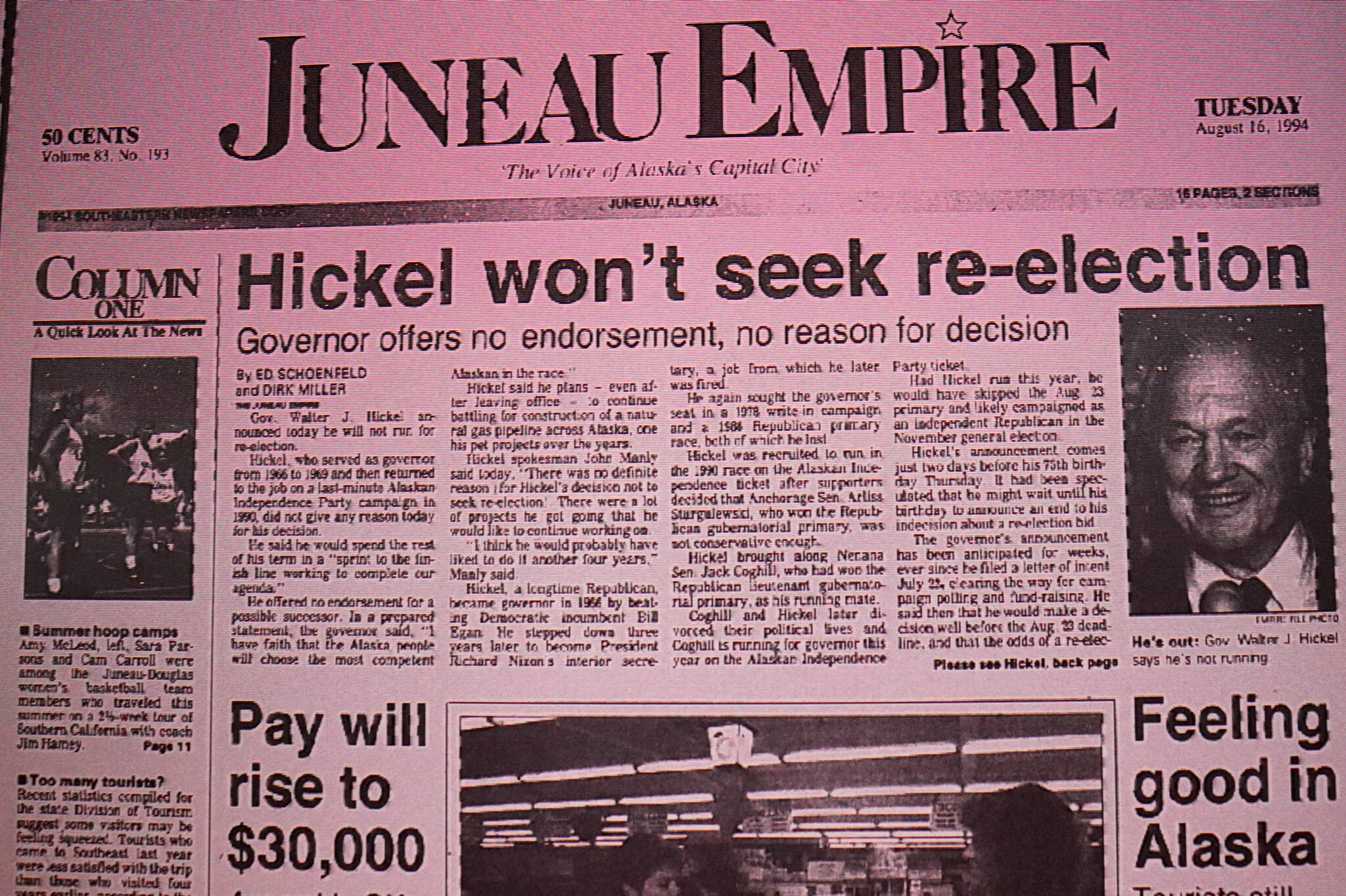 The front page of the Juneau Empire on Aug. 16, 1994. (Mark Sabbatini / Juneau Empire)