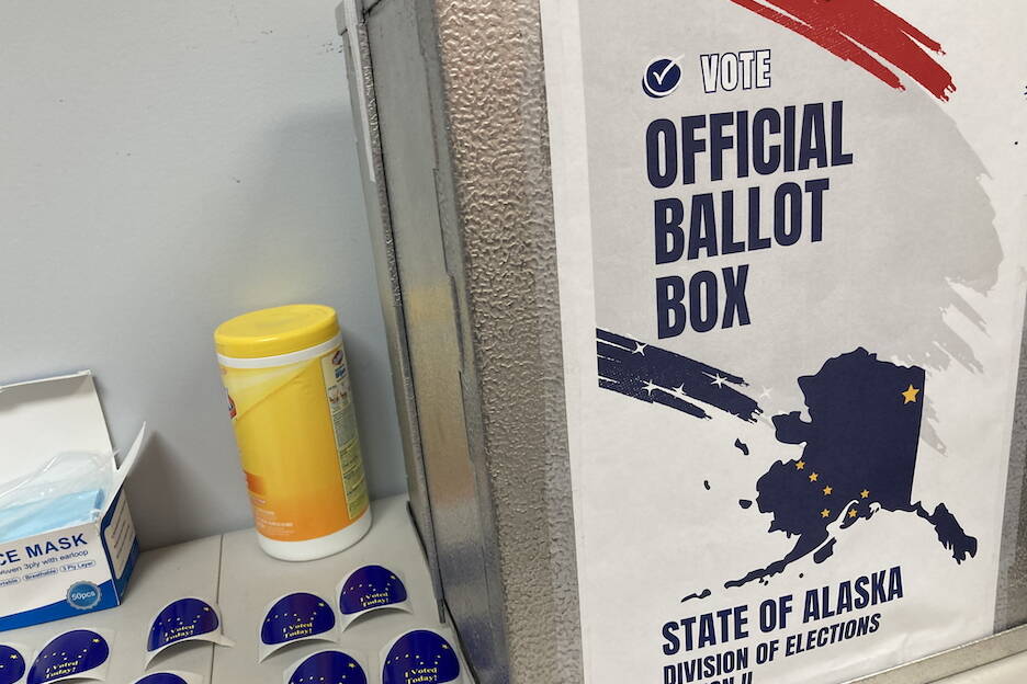 A ballot box containing absentee ballots dropped off at Anchorage City Hall is seen on Aug. 19, 2024. (Andrew Kitchenman/Alaska Beacon)