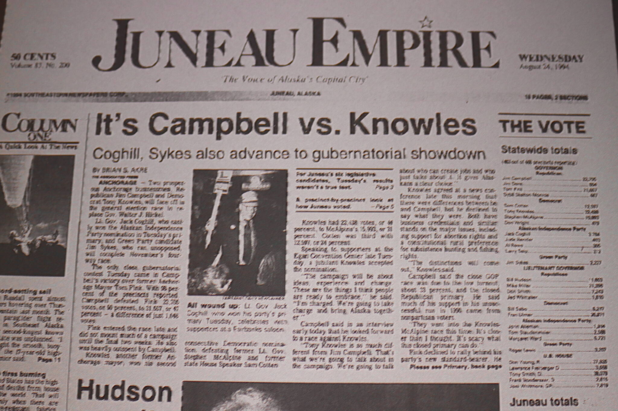 The front page of the Juneau Empire on Aug. 24, 1994. (Mark Sabbatini / Juneau Empire)