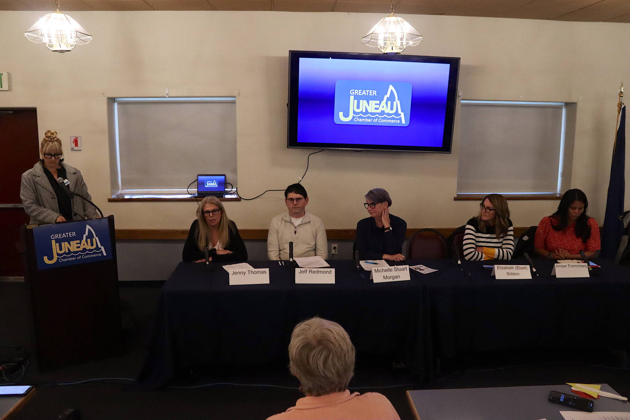 Five of the six candidates seeking three open seats on the Juneau Board of Education participate in a forum hosted by the Greater Juneau Chamber of Commerce at the Juneau Moose Family Center. (Mark Sabbatini / Juneau Empire)