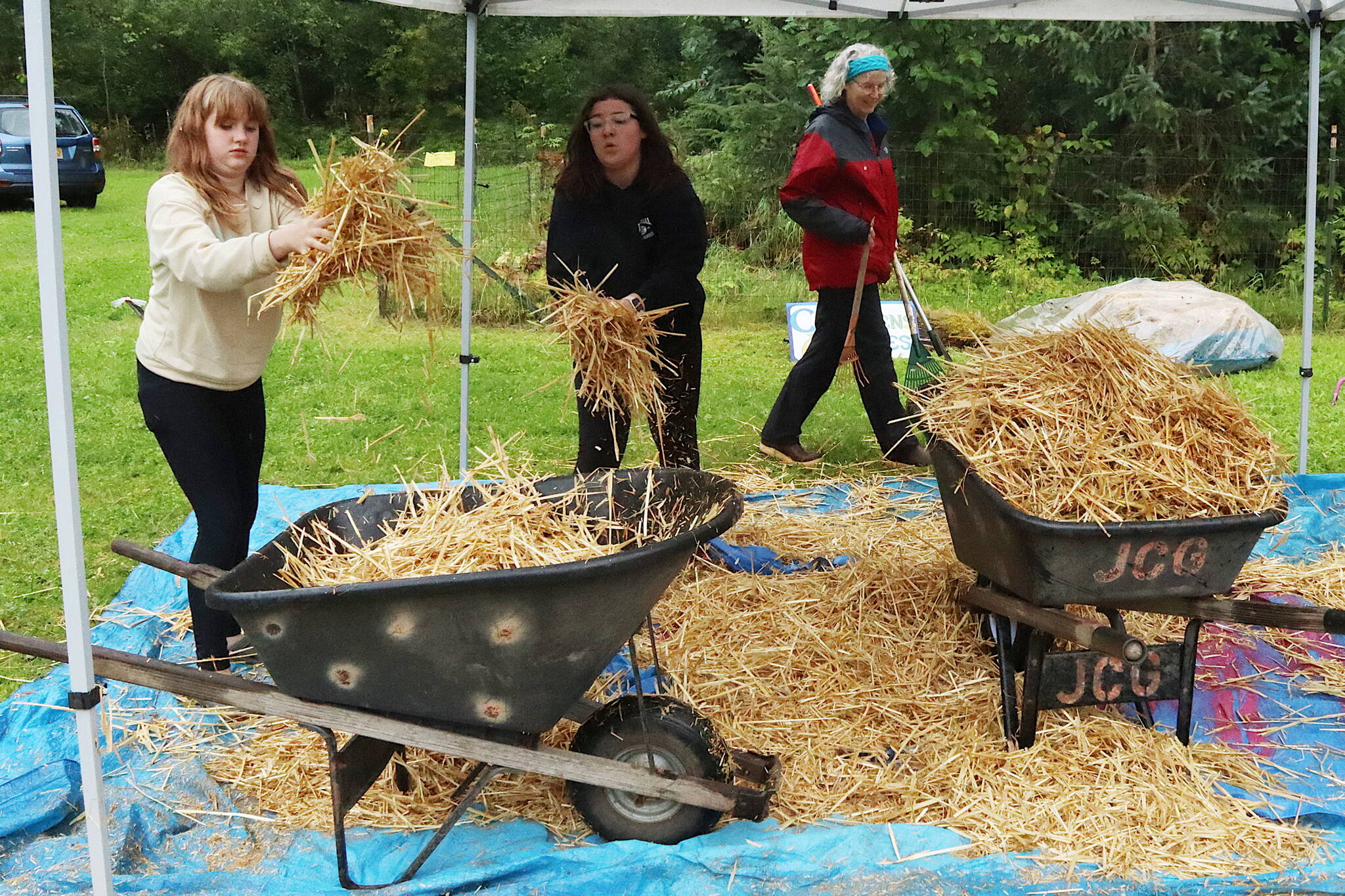 Sigrid Bogert and Fathom Mitchell, both 11, toss straw used during a children’s game into a wheelbarrow to place on a garden plot during the 30th Annual Juneau Community Garden Harvest Fair on Saturday. (Mark Sabbatini / Juneau Empire)