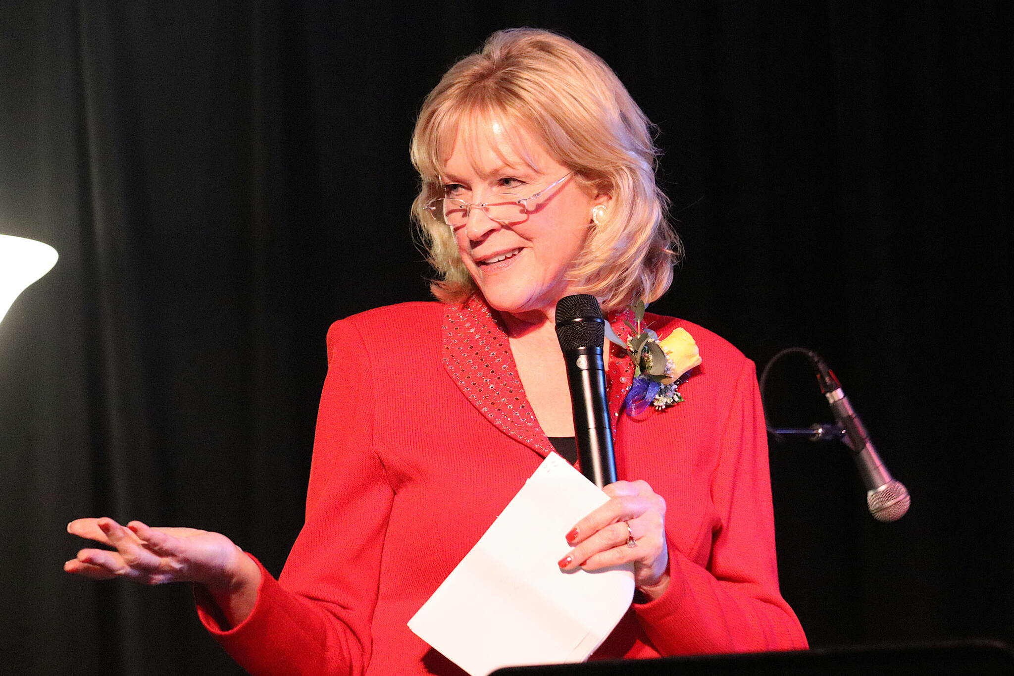 Lt. Gov. Nancy Dahlstrom addresses the crowd during an inaugural celebration for her and Gov. Mike Dunleavy at Elizabeth Peratrovich Hall on Jan. 20, 2023. (Mark Sabbatini / Juneau Empire file photo)