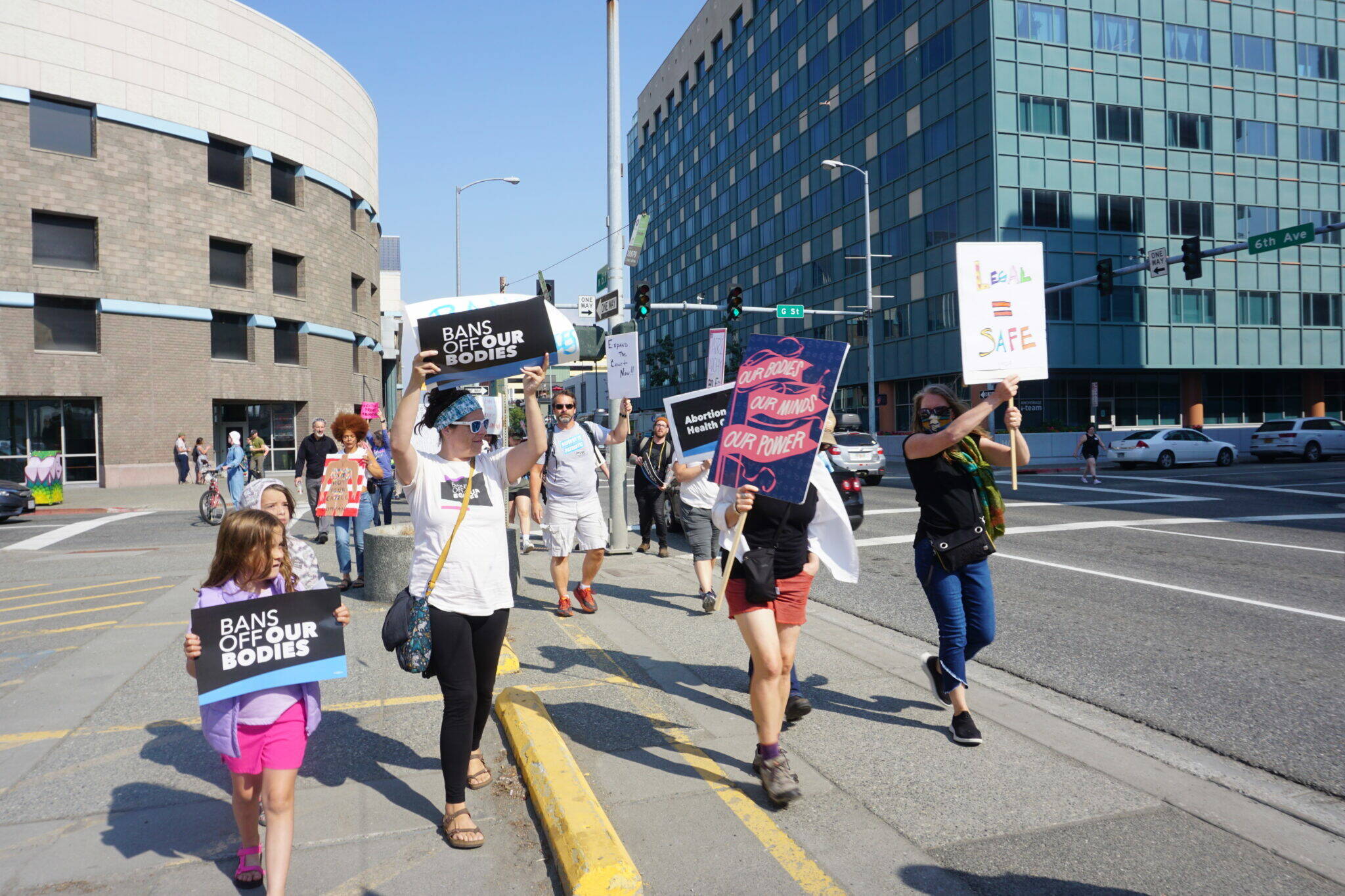 Abortion-rights advocates start a march along several downtown blocks to protest the U.S. Supreme Court ruling’s June 24, 2022, ruling overturning Roe v. Wade. An Alaska judge has ruled that a longstanding provision in state law specifying that licensed physicians are the only medical professionals allowed to provide abortion services violates the Alaska constitution’s equal-protection and privacy guarantees. (Yereth Rosen/Alaska Beacon)