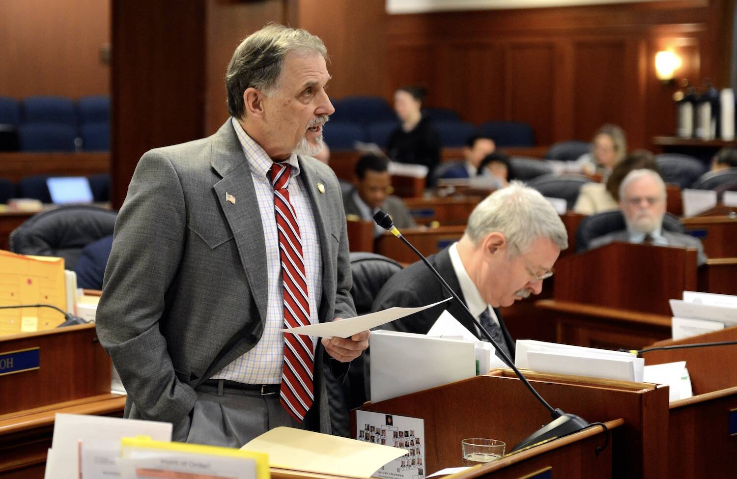 Rep. George Rauscher, R-Sutton, speaks during a session of the Alaska House of Representatives on Sunday, May 12, 2024. Rauscher was the lead sponsor of House Bill 88. (James Brooks/Alaska Beacon)