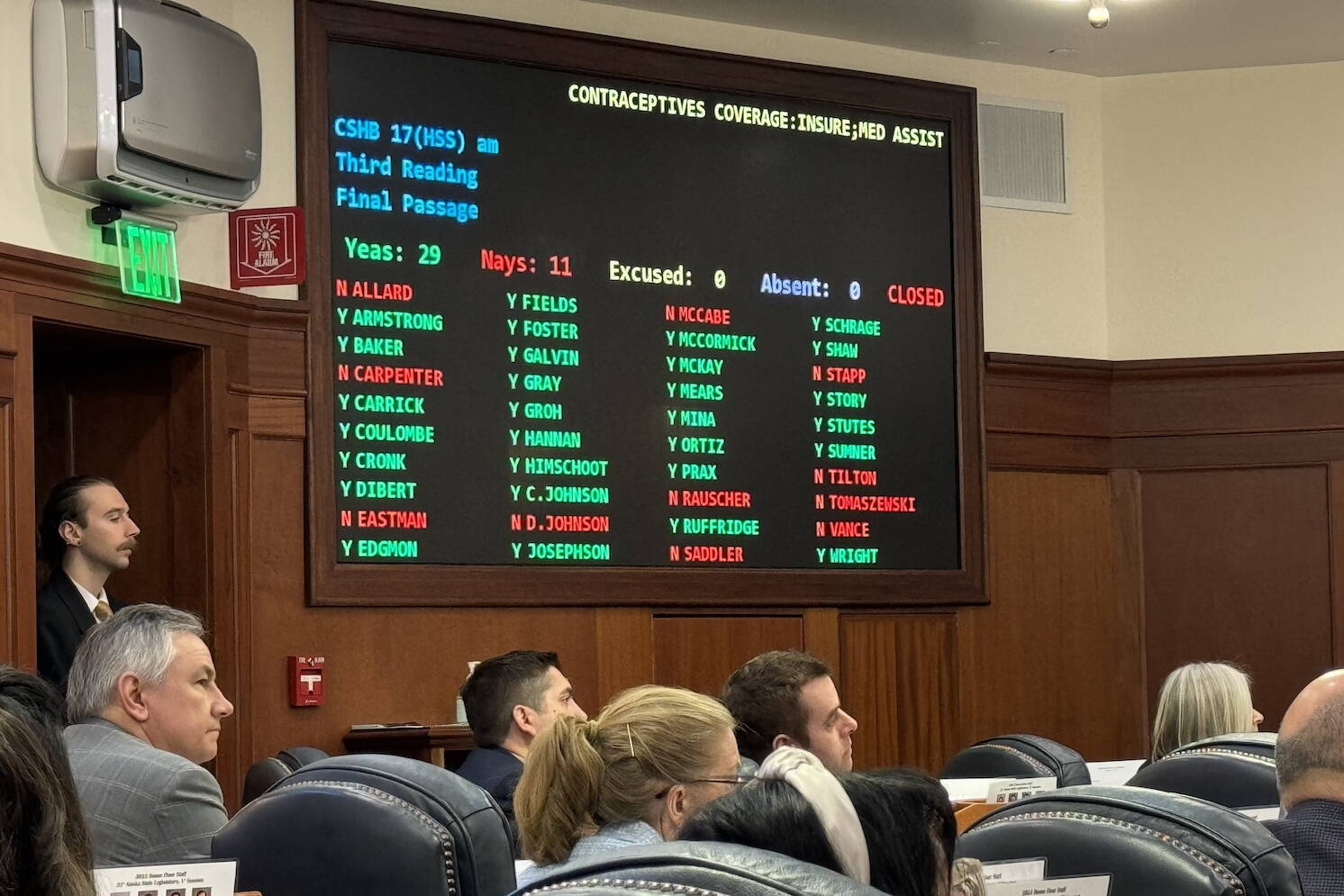 Members of the Alaska House watch for the vote tally on House Bill 17 on Thursday, March 21, 2024. (James Brooks/Alaska Beacon)