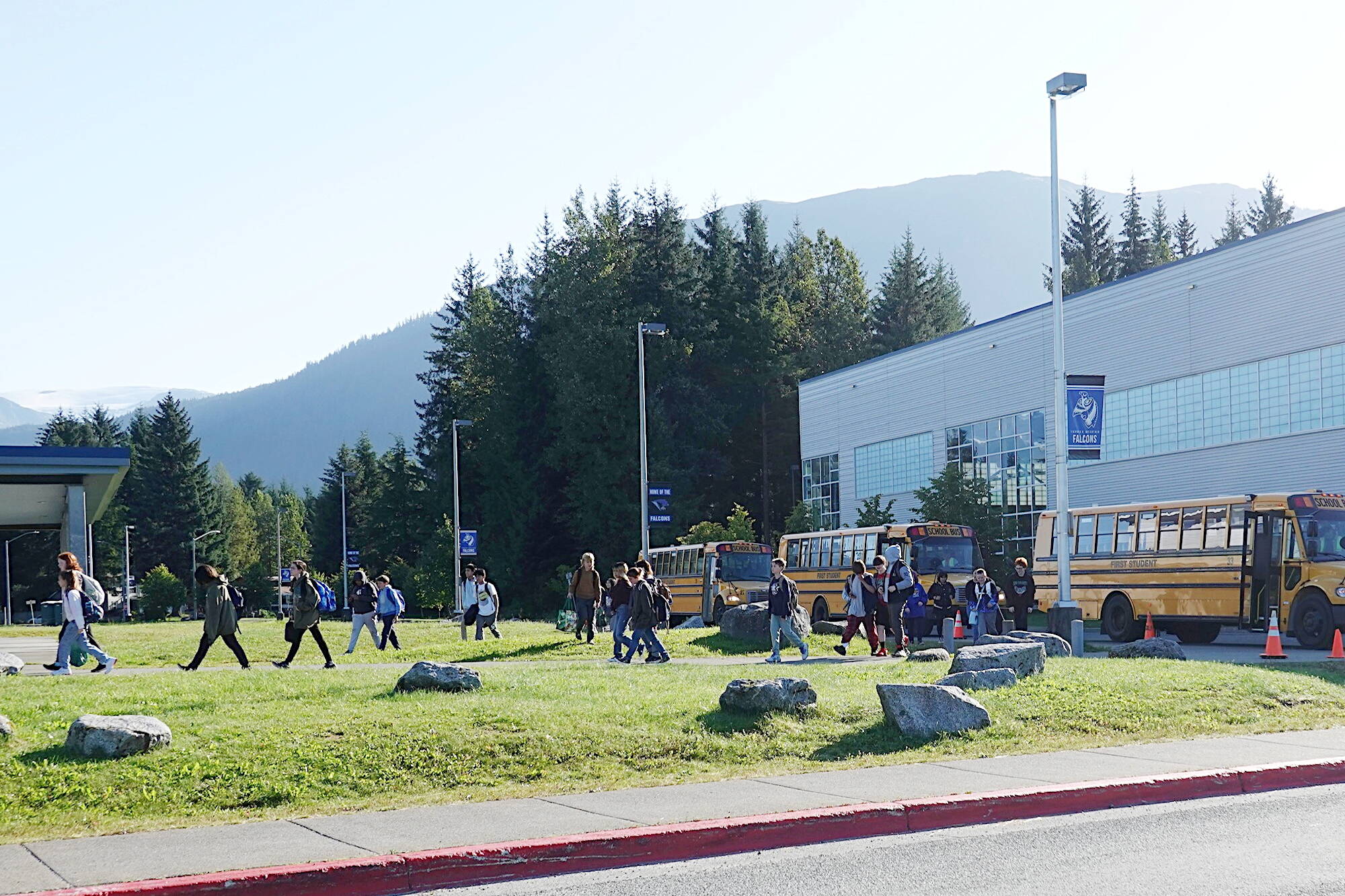 Students arrive at Thunder Mountain Middle School on Aug. 15, 2024, the first day of class for the current school year. (Laurie Craig / Juneau Empire file photo)