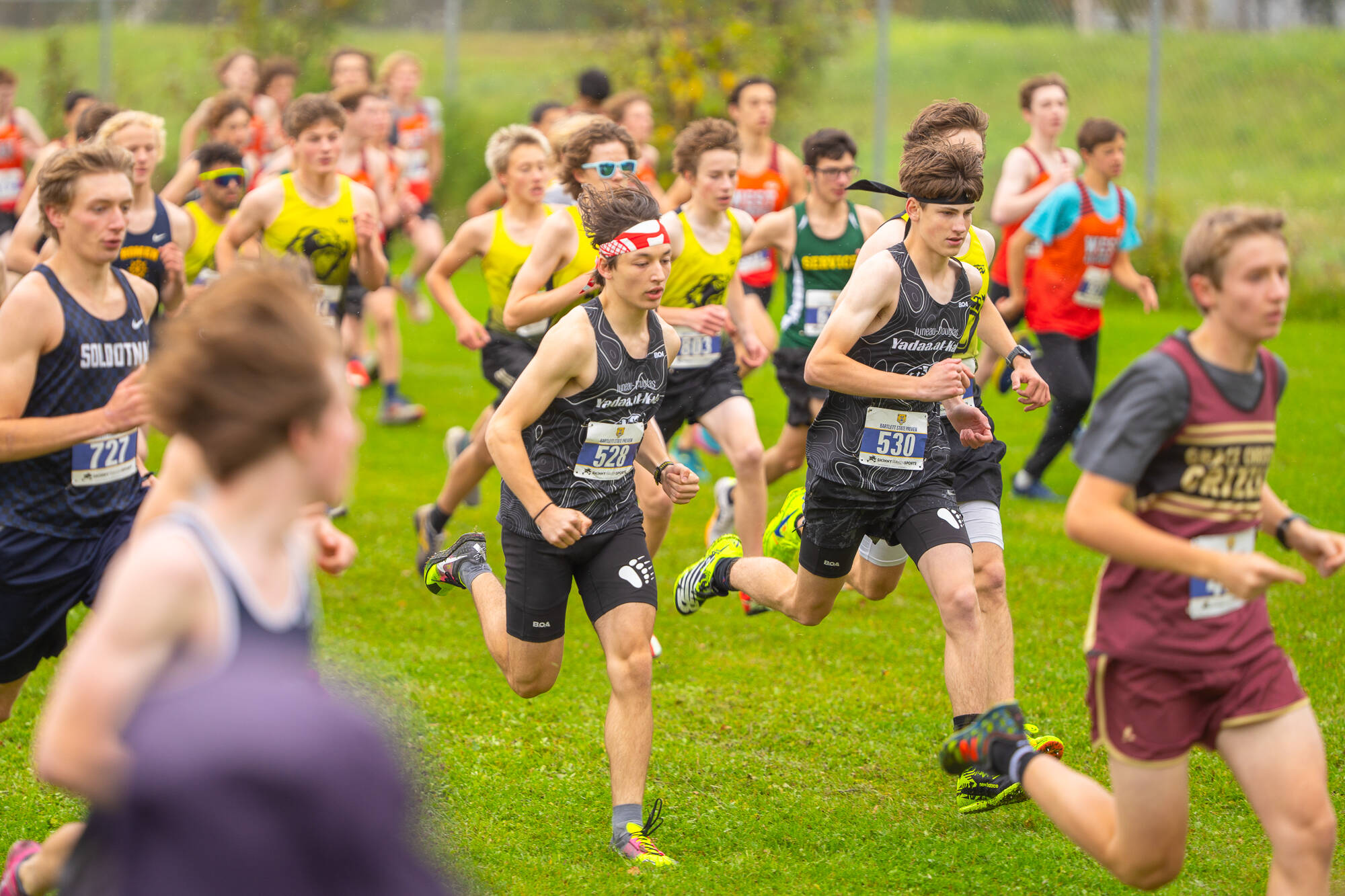 Boys start the 5K race at the State Preview 2024 meet at Bartlett High School in Anchorage on Saturday. (Photo by Kent Mearig)