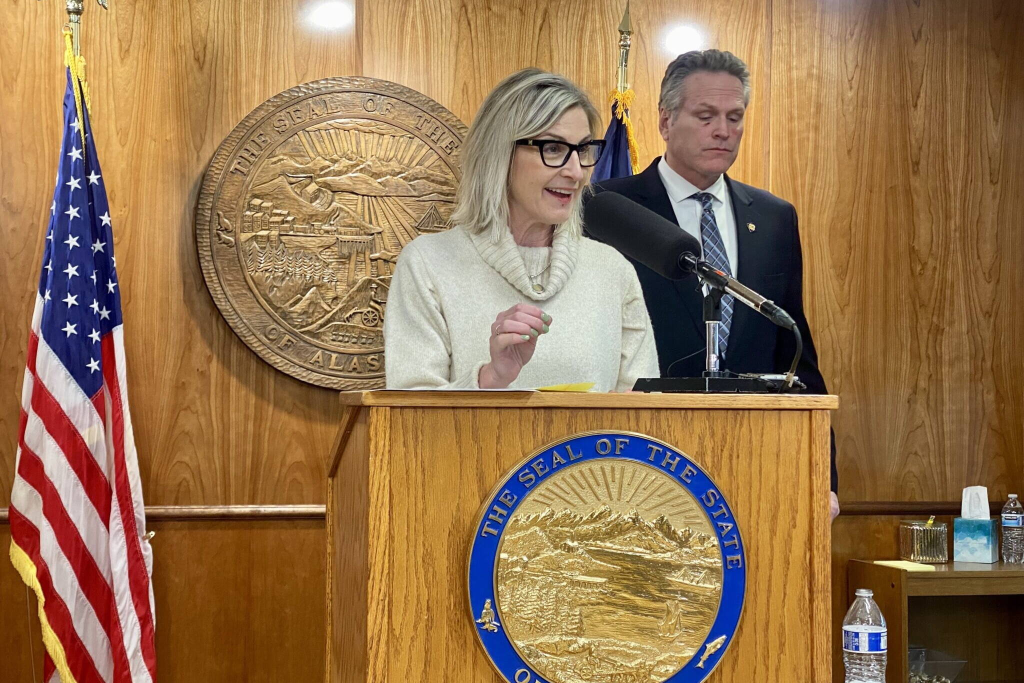 Deena Bishop, commissioner of the Alaska Department of Education and Early Development, speaks at a news conference on March 15, 2024, with Gov. Mike Dunleavy. (Claire Stremple/Alaska Beacon)